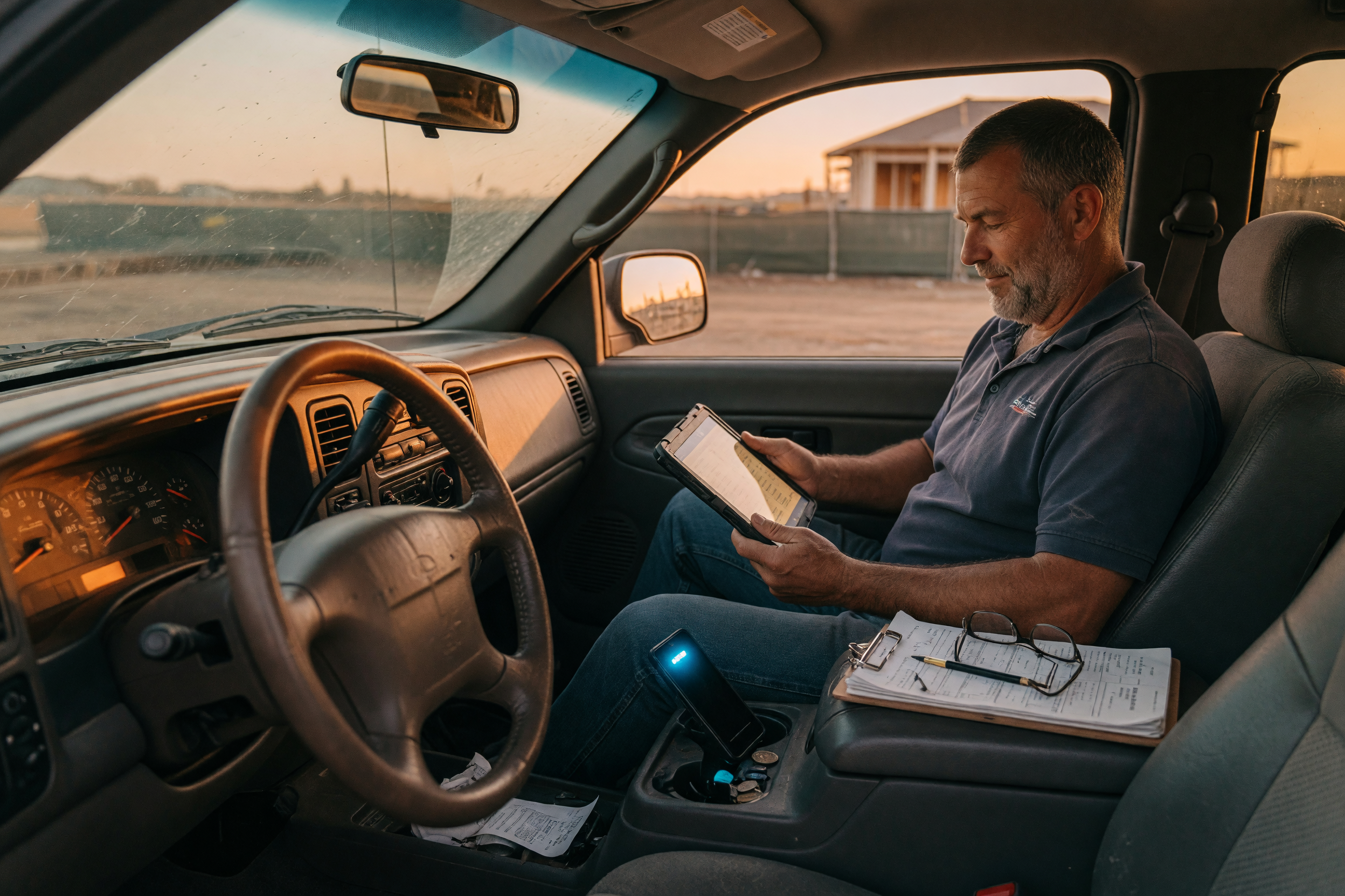 A calm contractor reviews a job estimate on a tablet at his truck, a glowing phone beside him indicating the AI is quietly handling incoming calls in the background