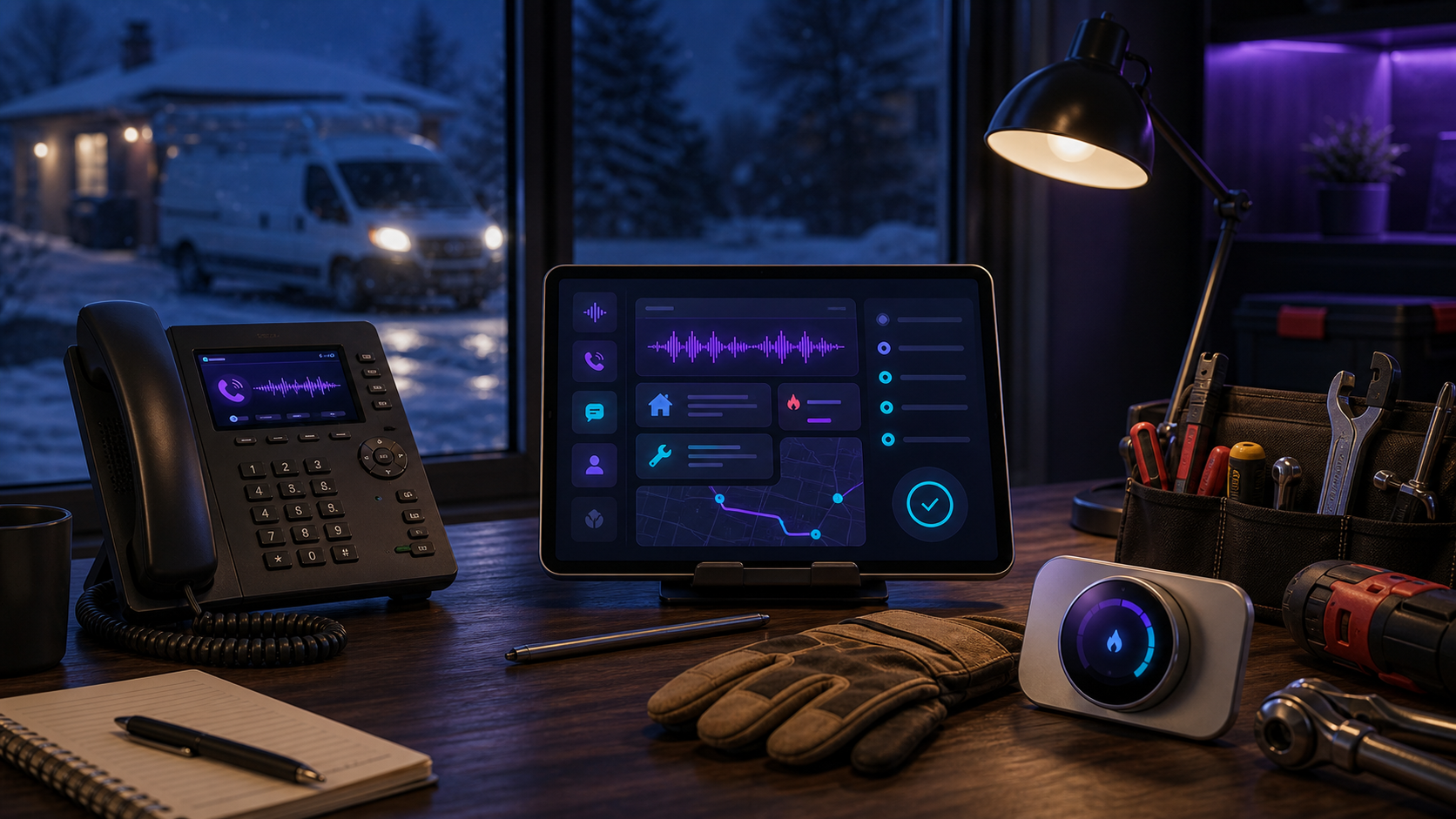 A winter HVAC dispatch desk with a business phone, AI triage tablet, tools, thermostat, and service van outside