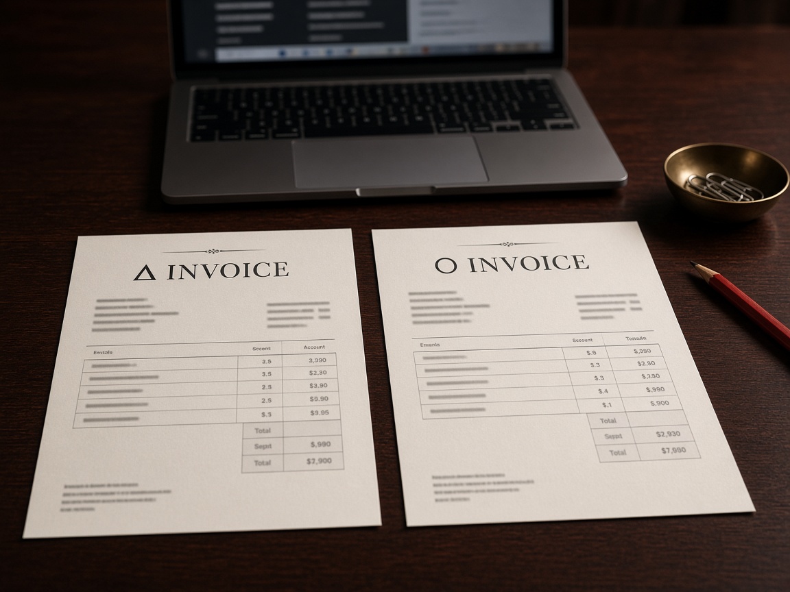 Two invoice printouts with different names beside one laptop session