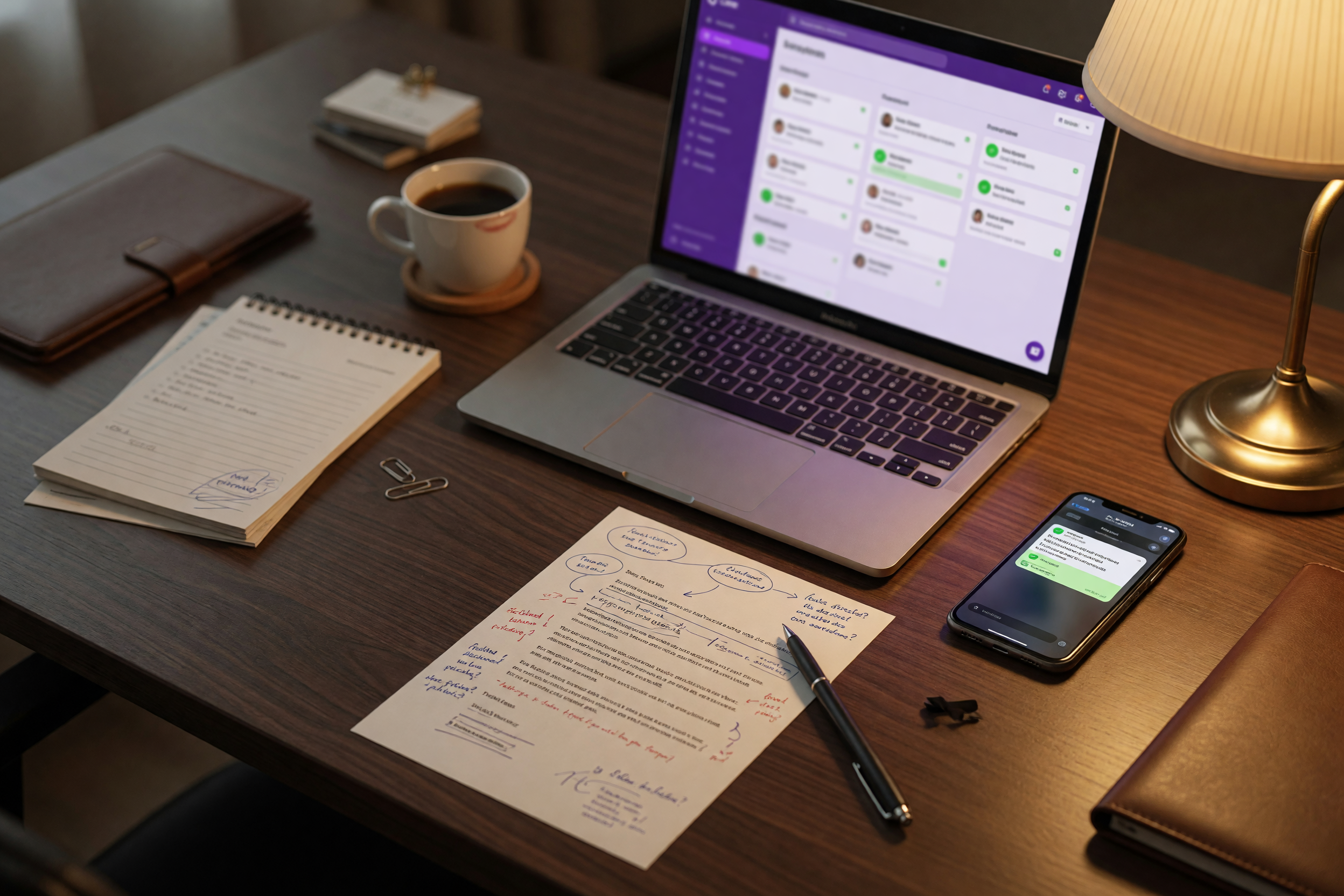 Service business owner's clean desk with a laptop showing a CRM contact list, a phone displaying a Telegram message notification, and a printed email inquiry with handwritten notes, warm amber desk lamp, shallow depth of field