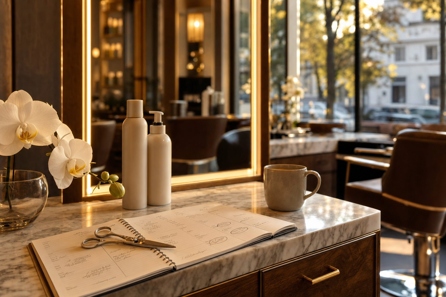 An upscale salon styling station at golden hour with professional shears resting on an open paper appointment book, orchids and premium haircare bottles nearby, calm and orderly.