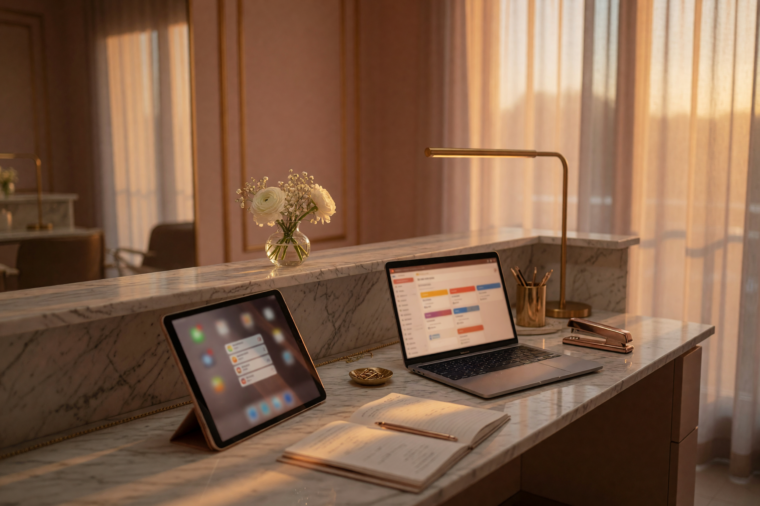 Mostrador de recepción moderno de un salón con una tablet mostrando alertas de notificaciones y un CRM abierto en una laptop, luz ámbar cálida, sin personas visibles