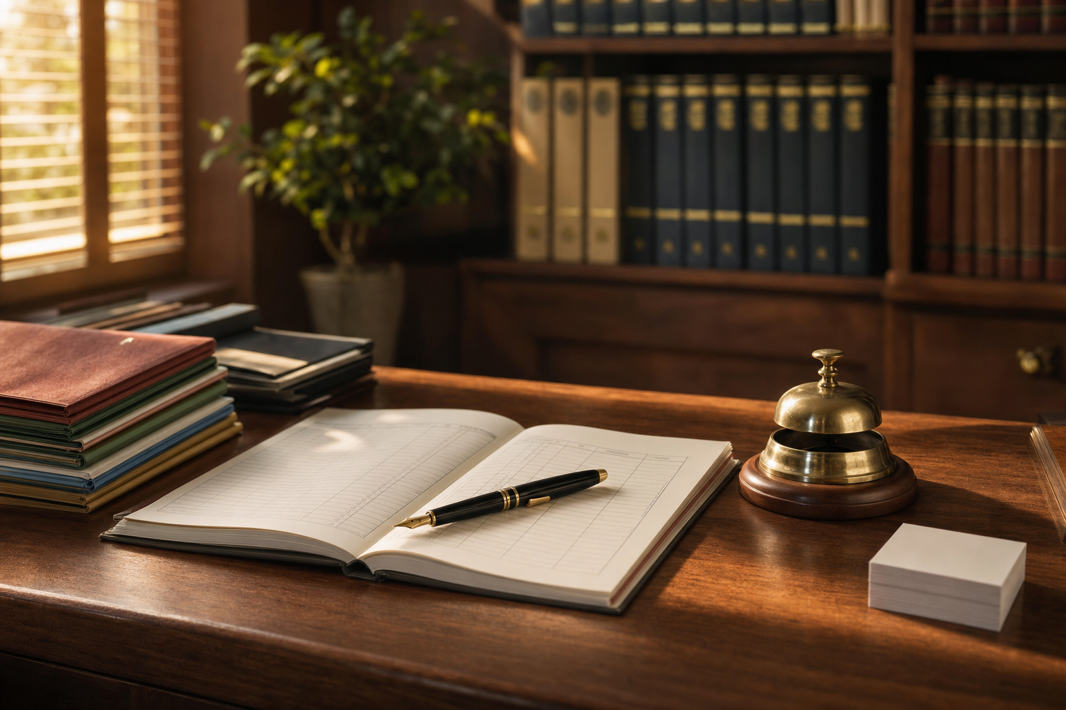 Insurance answering service cost planning represented by an orderly agency desk with policy folders, a paper call ledger, and a brass desk bell.