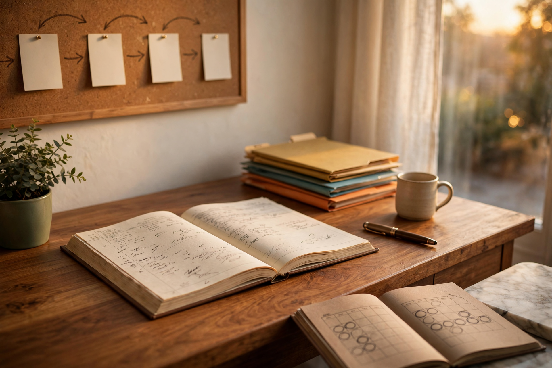 Intercom Fin cost shown as a quiet operations desk with a handwritten outcome ledger, color-coded contact cards, and a paper appointment book in warm light.