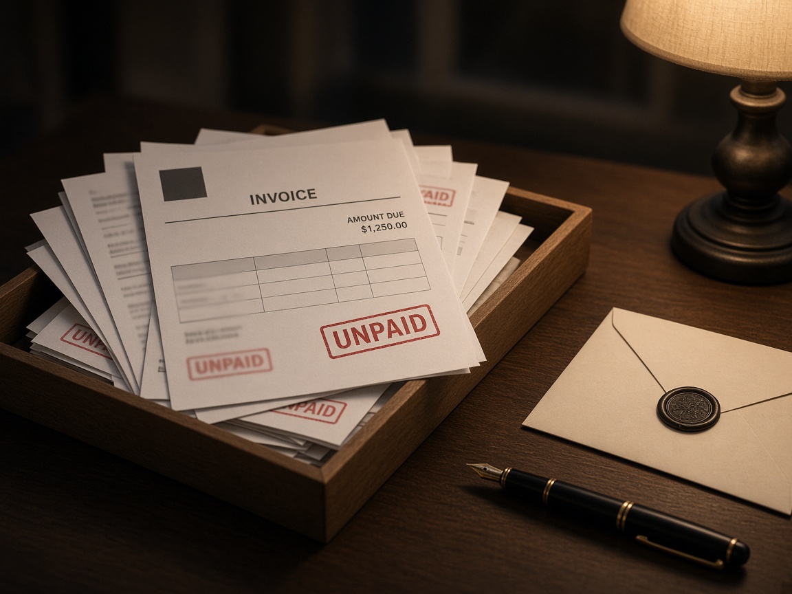 Unpaid invoices in a wooden tray beside a stamped envelope and a fountain pen