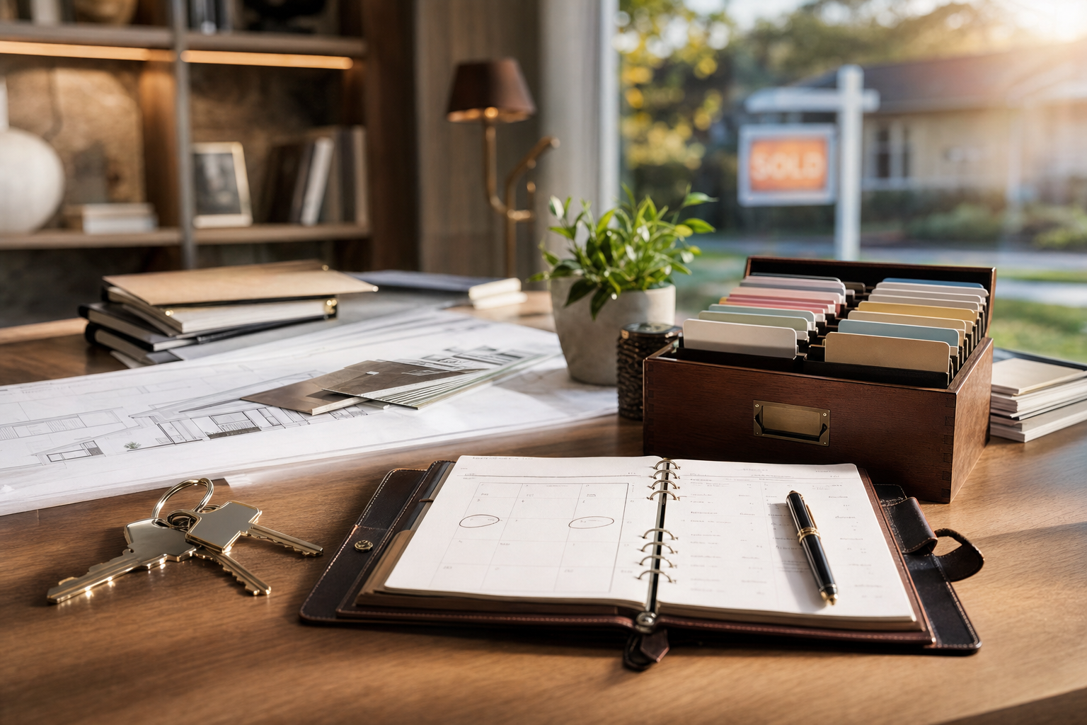 A real estate desk arranged for ISA virtual assistant for PPC leads with contact cards, property keys, and a paper follow-up planner.
