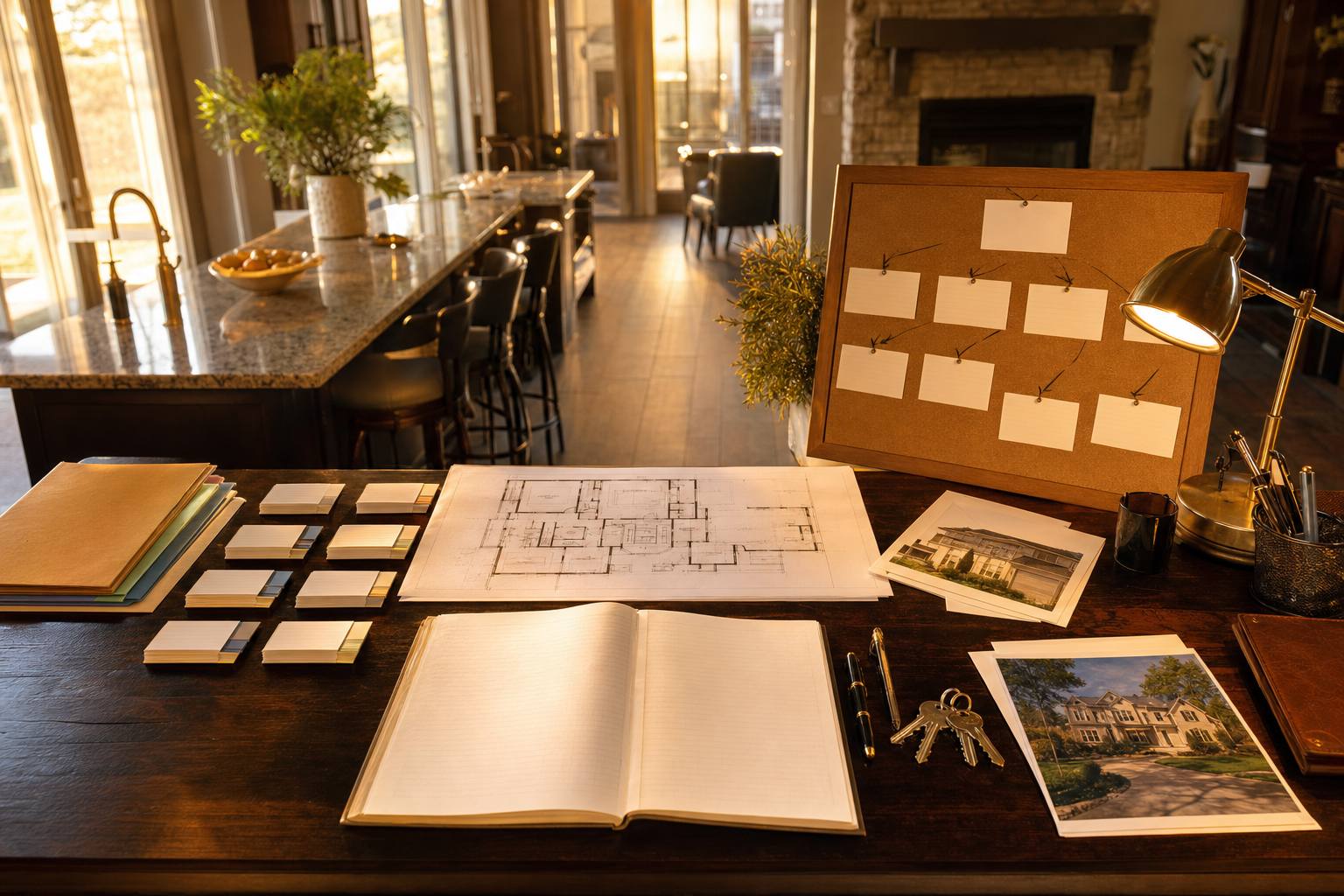 Un escritorio inmobiliario organizado que muestra el trabajo de un asistente virtual ISA para leads de Zillow con llaves de casa, tarjetas de leads en papel y un registro de seguimiento limpio.