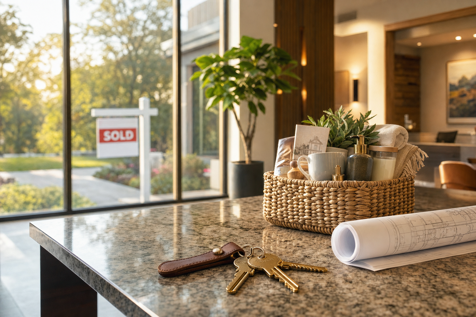 La entrada iluminada de una oficina inmobiliaria con llaves de casa, planos y una canasta de bienvenida sobre una isla de granito, con un letrero de «vendido» desenfocado a través de la ventana.