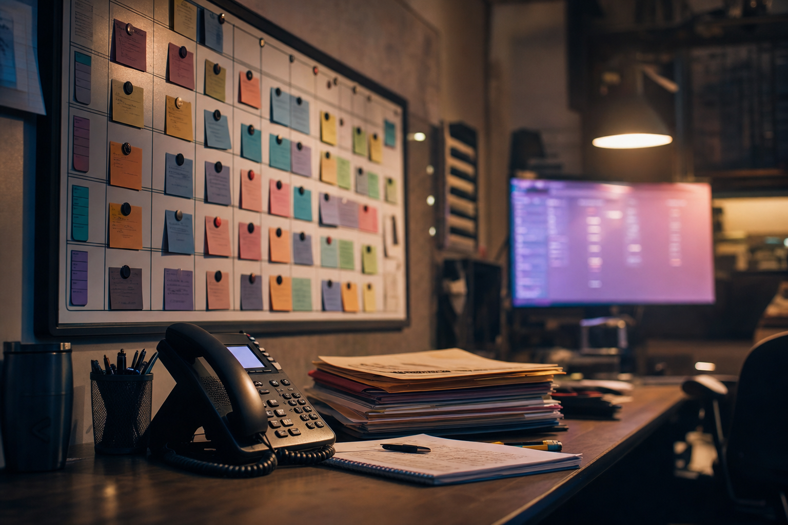 Field service technician's work truck cab at dusk with a clipboard of job orders on the dash, a ringing phone visible beside dispatch notes, warm amber evening light through the windshield, subtle violet ambient glow from a tablet mount, no text, no logos visible