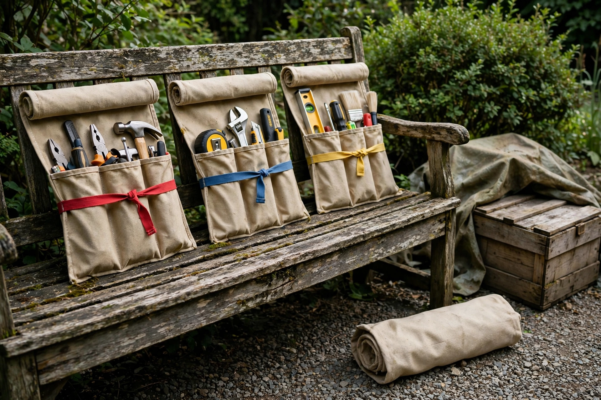 Open shade on a weathered wood bench in a service yard, with three color-banded canvas tool rolls and one unbanded roll on the gravel, for today's Jobber schedule from Copilot.