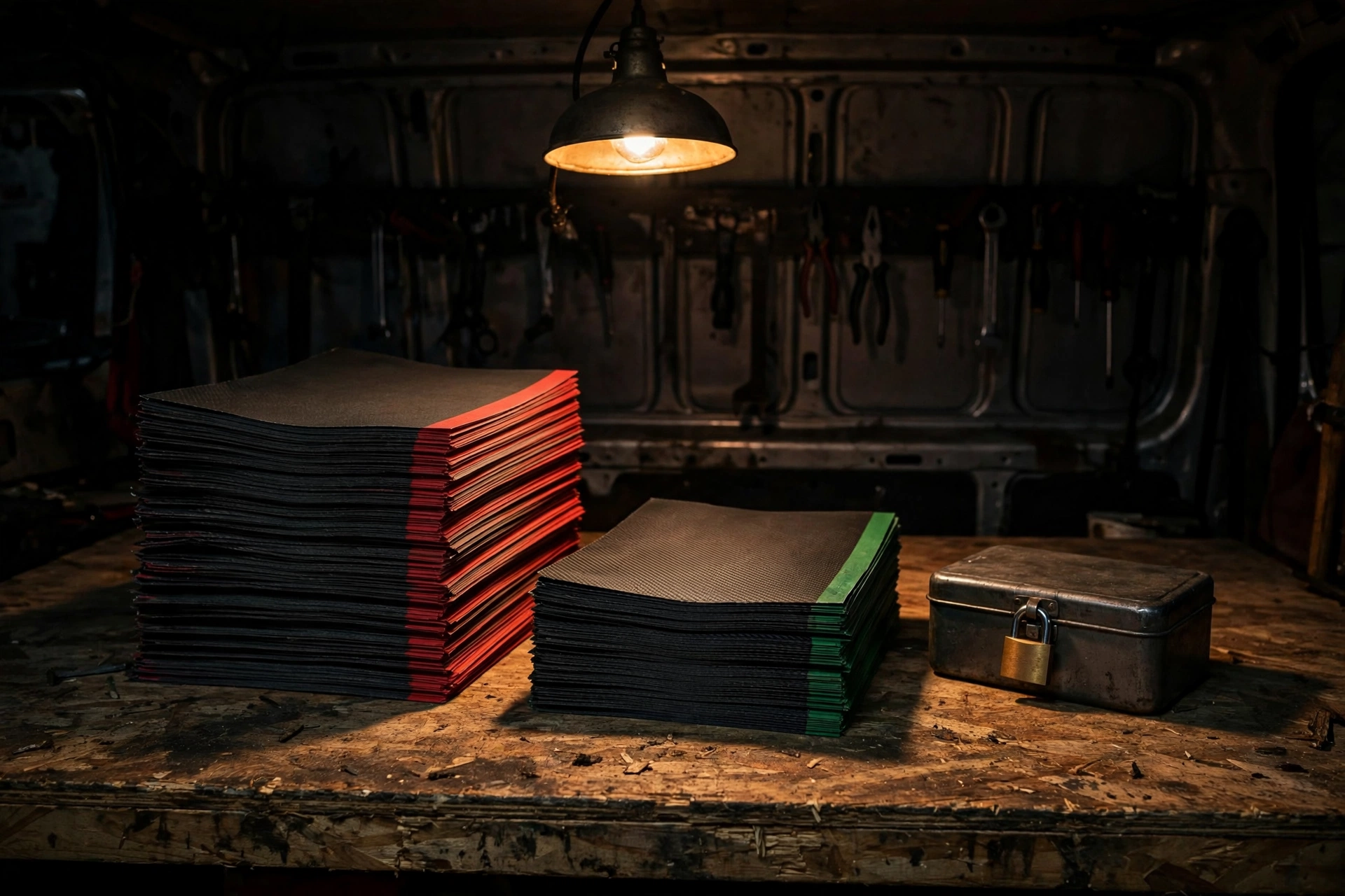 Single warm pendant over a night van workbench, with red-banded unpaid job jackets, a shorter green-banded stack, and a padlocked cash tin, for Jobber unpaid invoices from Grok.