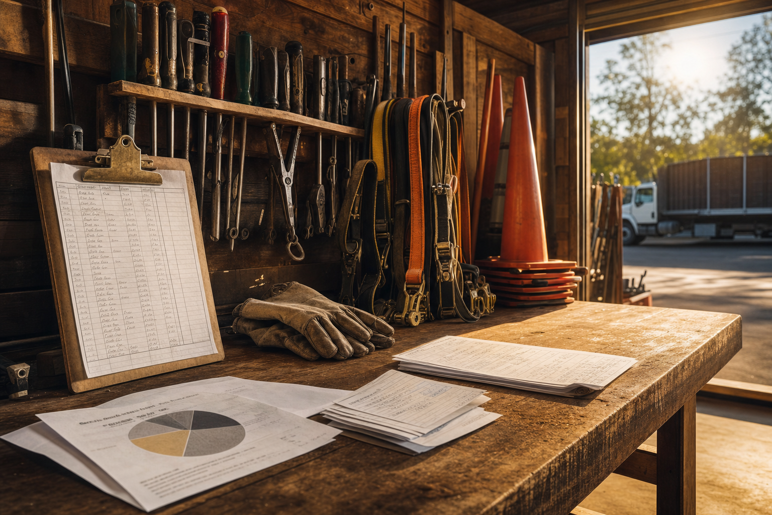 Junk removal answering service planning on a quiet hauler workshop bench with a paper volume chart, dump tickets, work gloves, and a clipboard of handwritten haul orders in warm evening light.