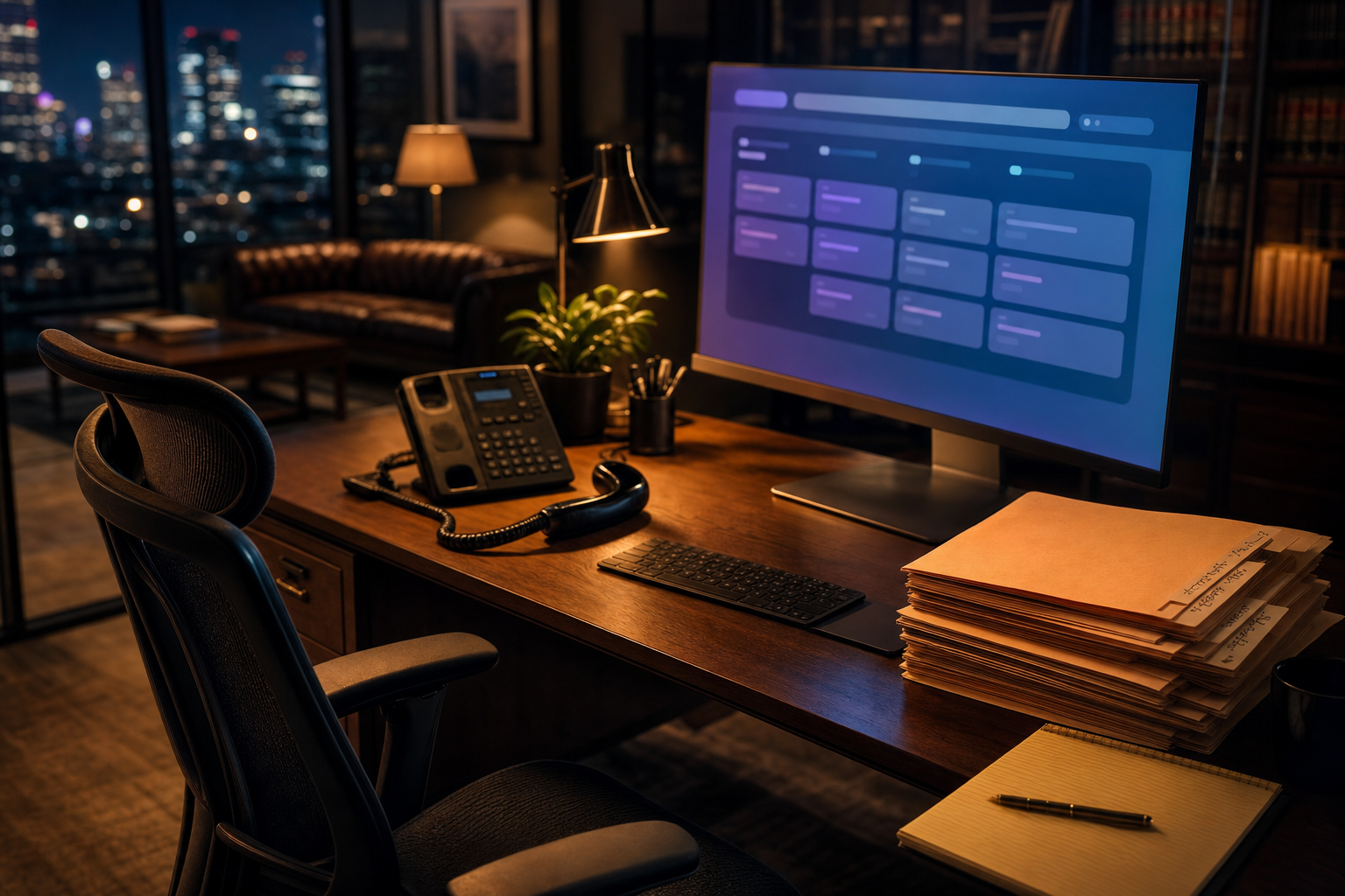 A law firm intake desk after hours with a glowing CRM dashboard on screen, case folders stacked neatly, warm amber and violet ambient light, no person present