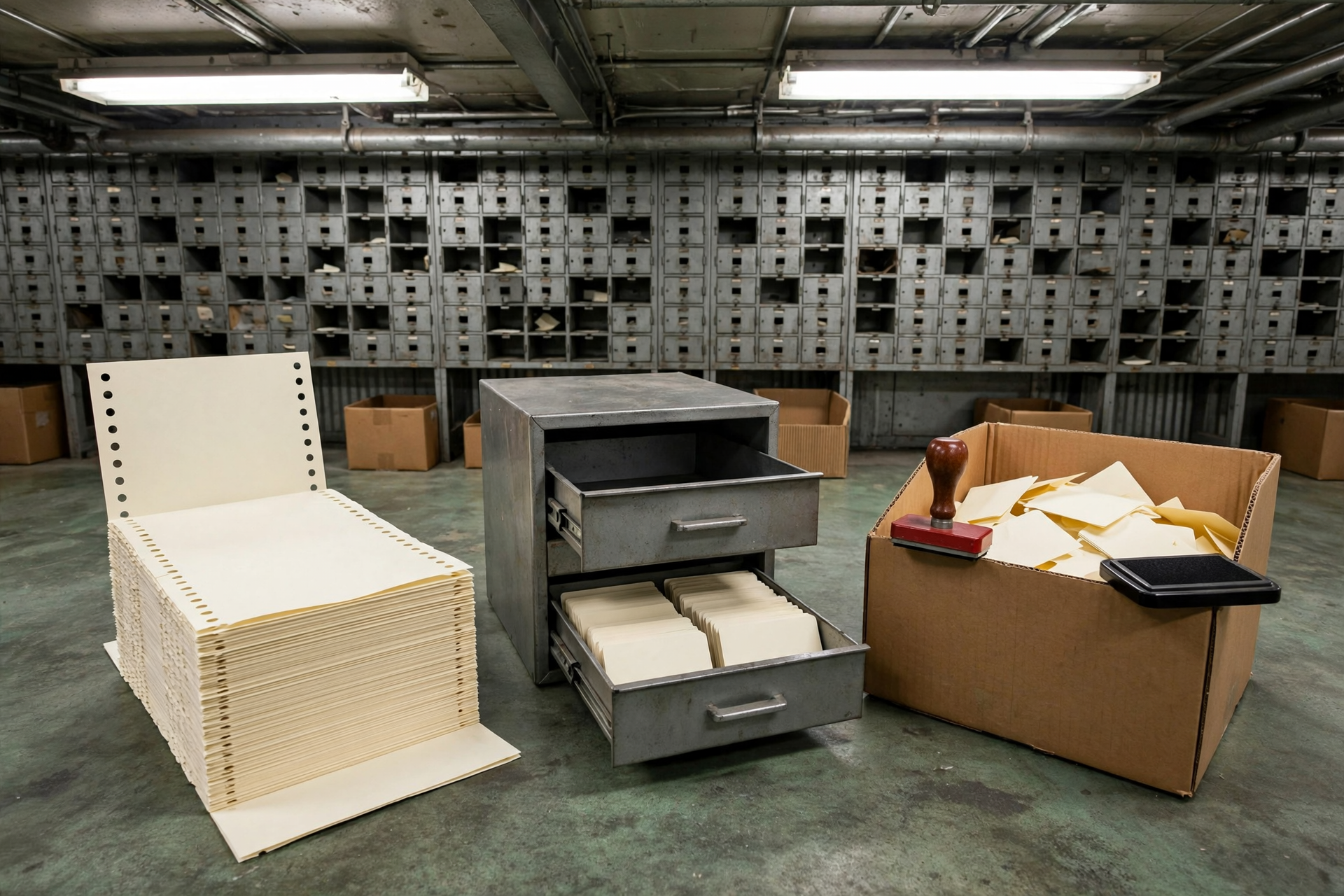 Overhead industrial light on a warehouse mail-room wall, with a perforated stack of inquiry slips, an open steel card cabinet, and a red date stamp on a cardboard bin, for lead sheet to CRM.