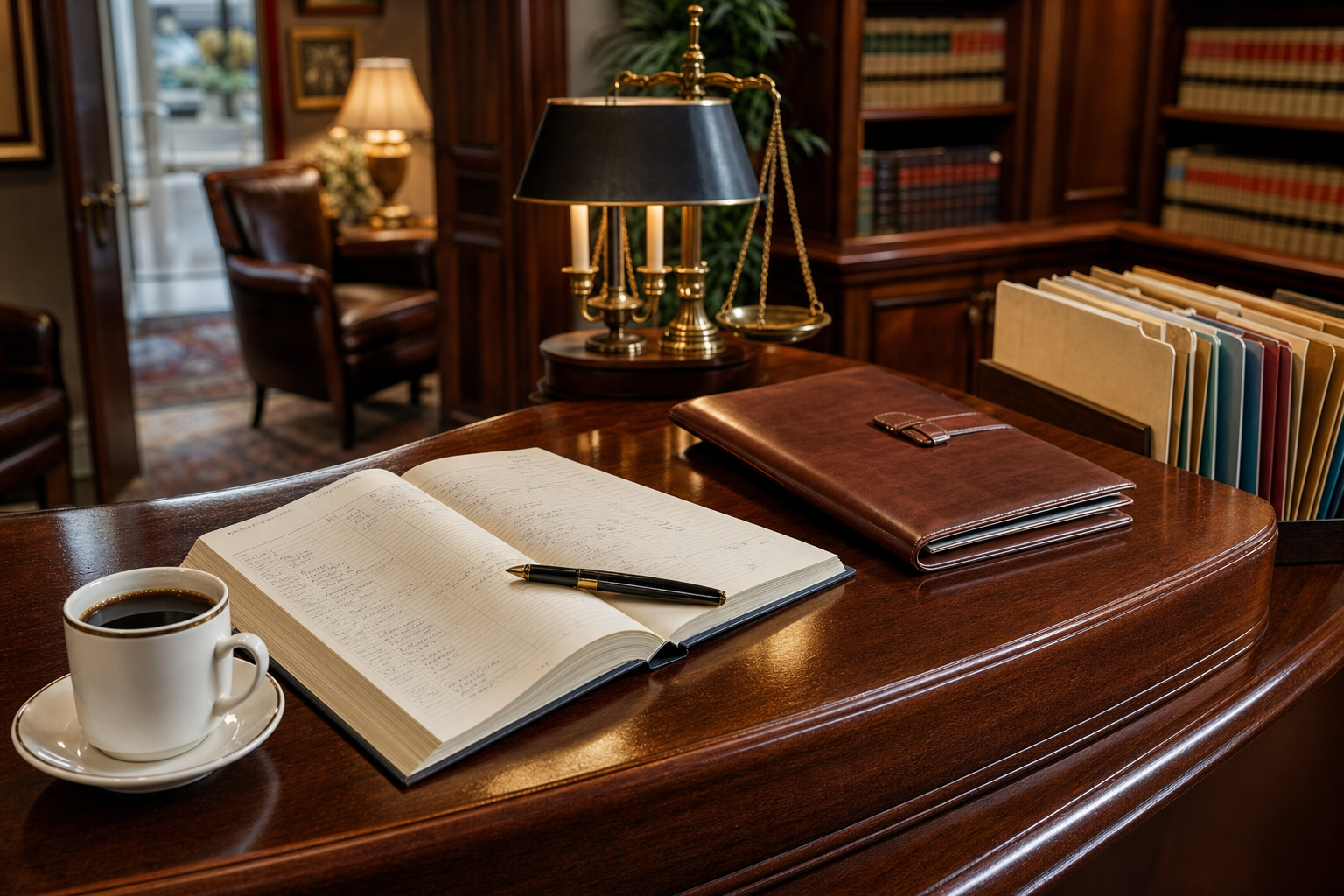 A polished law office desk showing legal receptionist replacement AI through an open intake ledger, fountain pen, and organized call notes in warm library light.