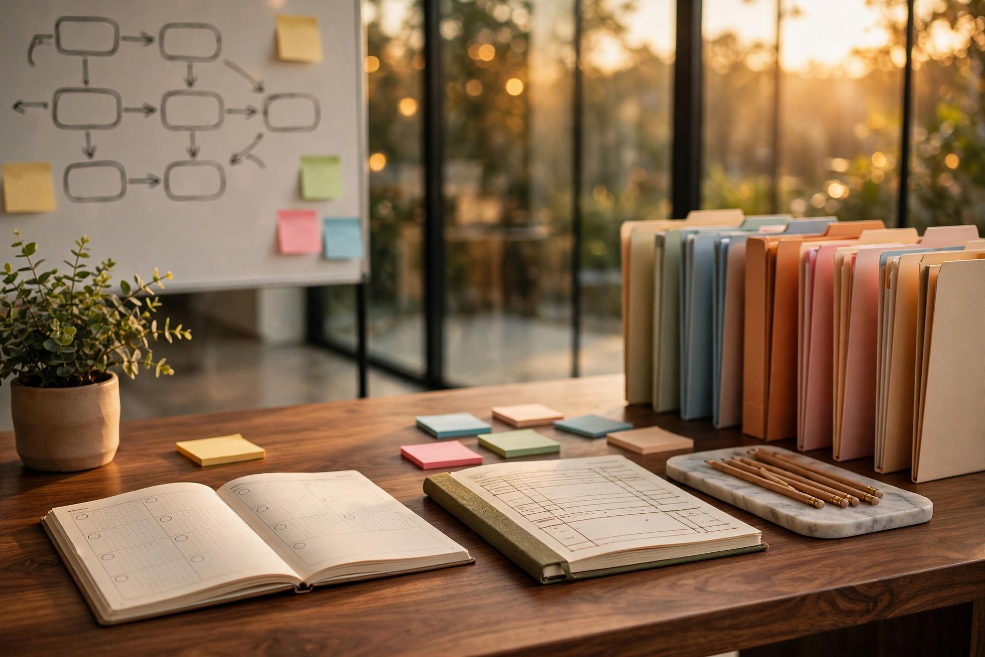 Lindy AI pricing represented as a calm operations desk with a handwritten credit ledger, color-coded teammate folders, and a paper planner instead of a subscription dashboard.