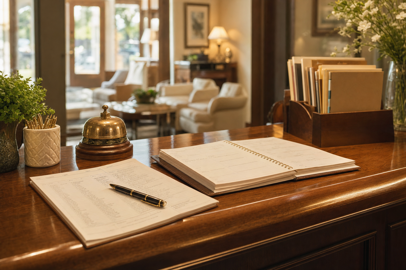 A warm front-office desk with a paper call log, appointment book, and sorted client folders showing live answering vs Smith.ai automated workflows.