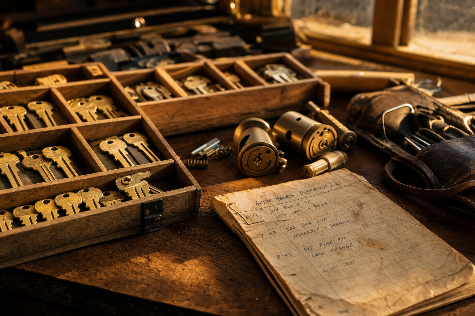 Locksmith answering service cost planning on a quiet workshop bench with brass key blanks, lock cylinders, and a paper after-hours dispatch log.