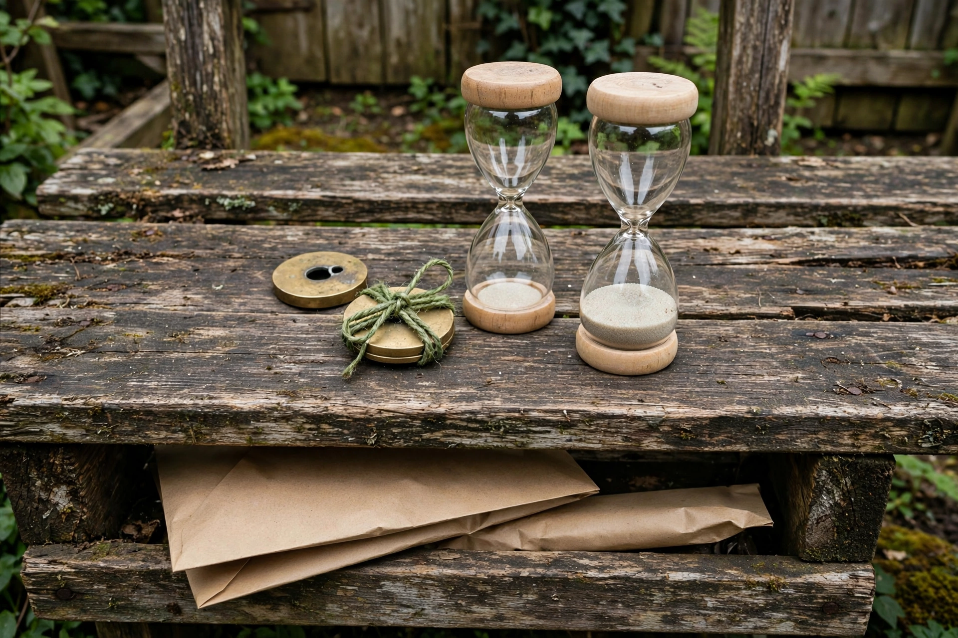 Open shade on a weathered garden bench, with a punched brass gate token beside an unpunched twin, an empty sand glass beside a full one, and a thick fee packet next to a thin deposit sleeve, for magic link security review cost.