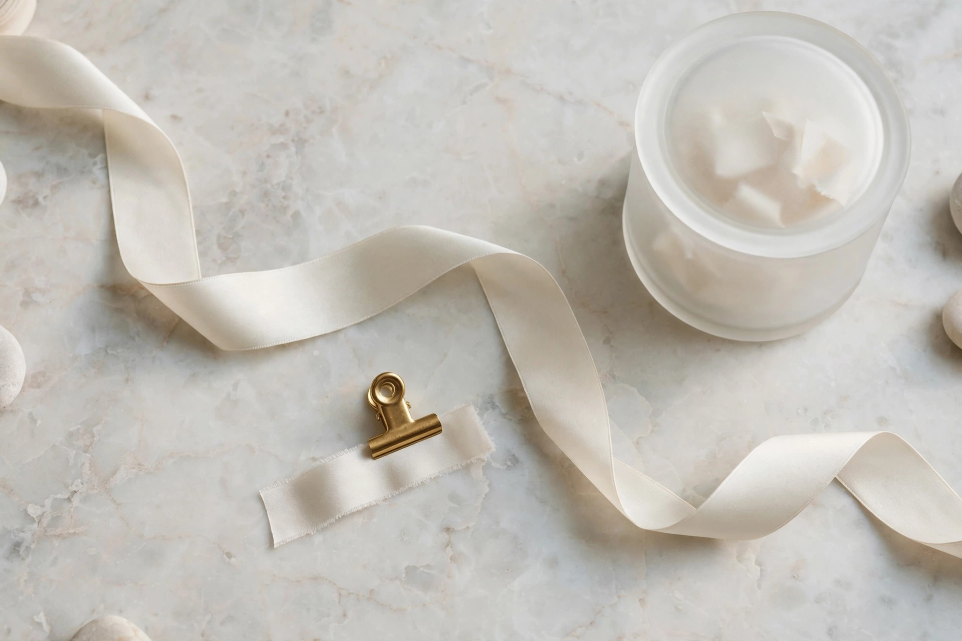 Soft bounced daylight on a salon marble station: website maintenance retainer vs plan as a blank ribbon with no end stop, one pre-cut length under a brass clip, and leftover cuts sealed in a pale jar.