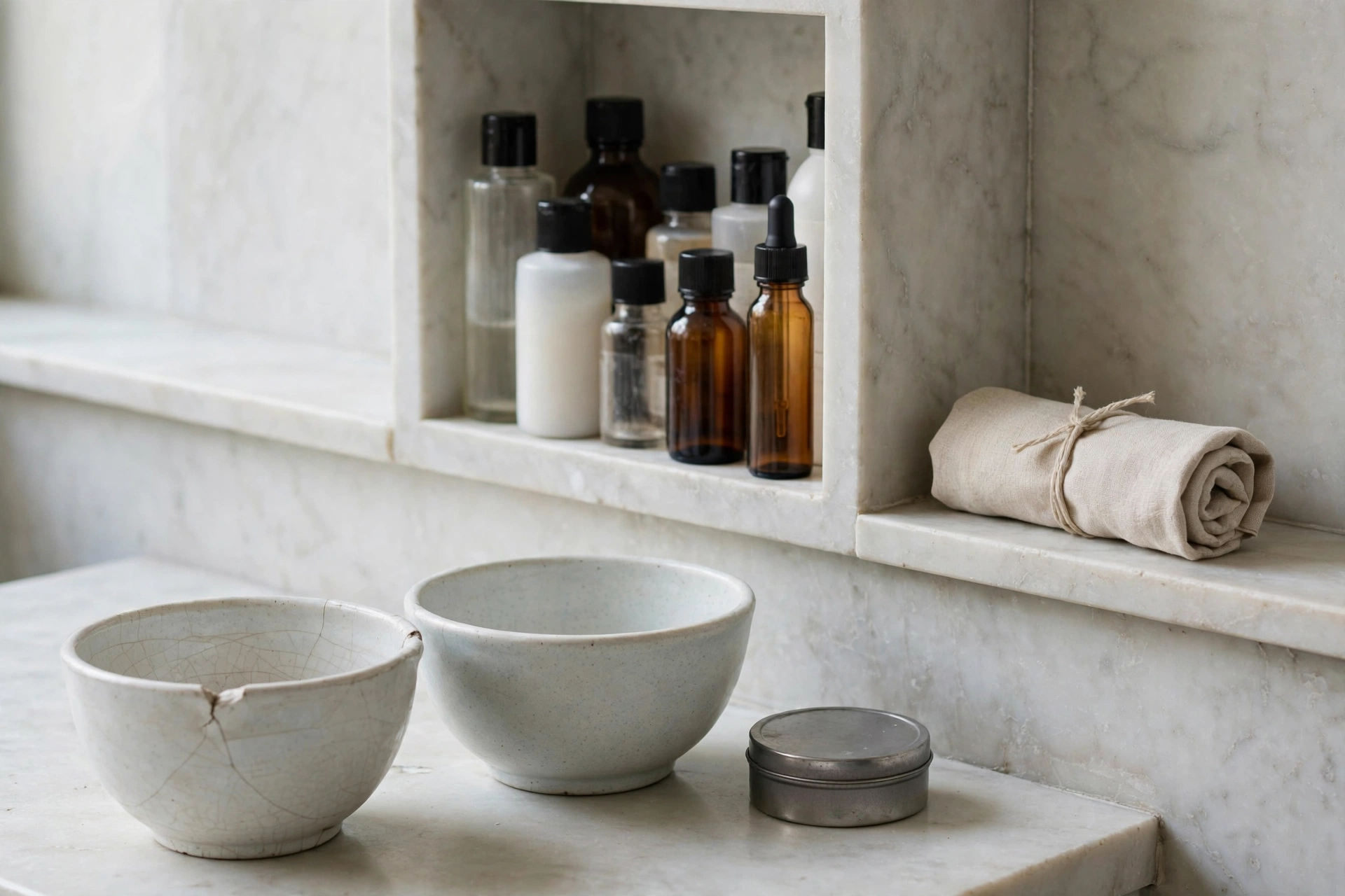 Soft bounced daylight on a salon marble station: managed WordPress hosting vs shared hosting as one thin bottle in a crowded shared cubby, a sealed spare roll on a separate stone ledge, and a cracked bowl beside an intact bowl with a closed tin.