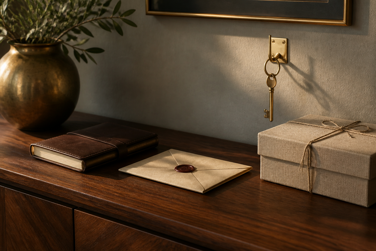 Leasing office entry in late side light, brass and linen: managed WordPress hosting for a small business, shown as a leather site logbook, a wax-sealed backup envelope and a brass key on a numbered hook above a linen archive box.