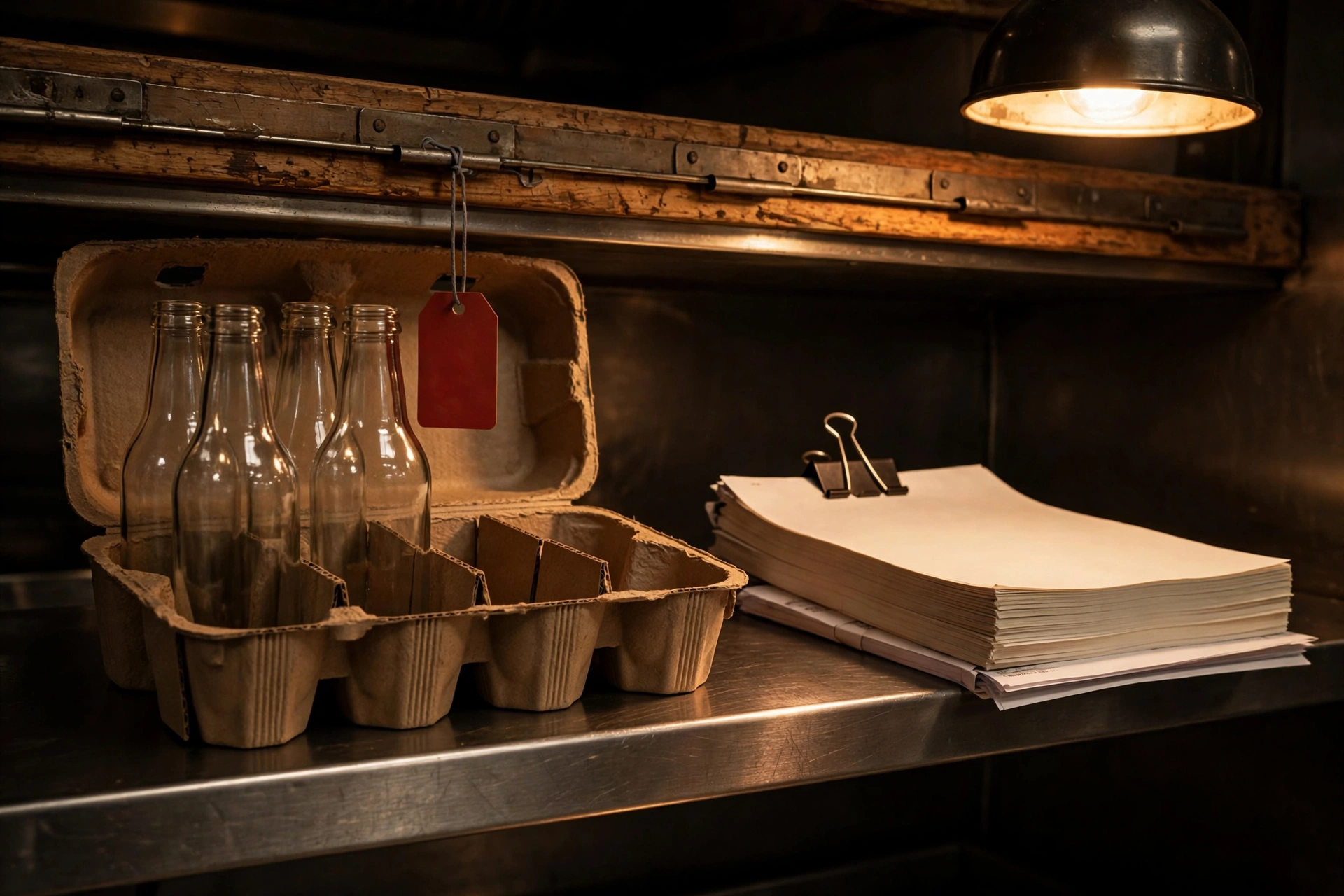 Match invoice to purchase order at a restaurant pass, with an open carton short three bottles, a blank red hold tag, and a steel clip binding a thick order pad to a thinner supplier invoice under tungsten light.