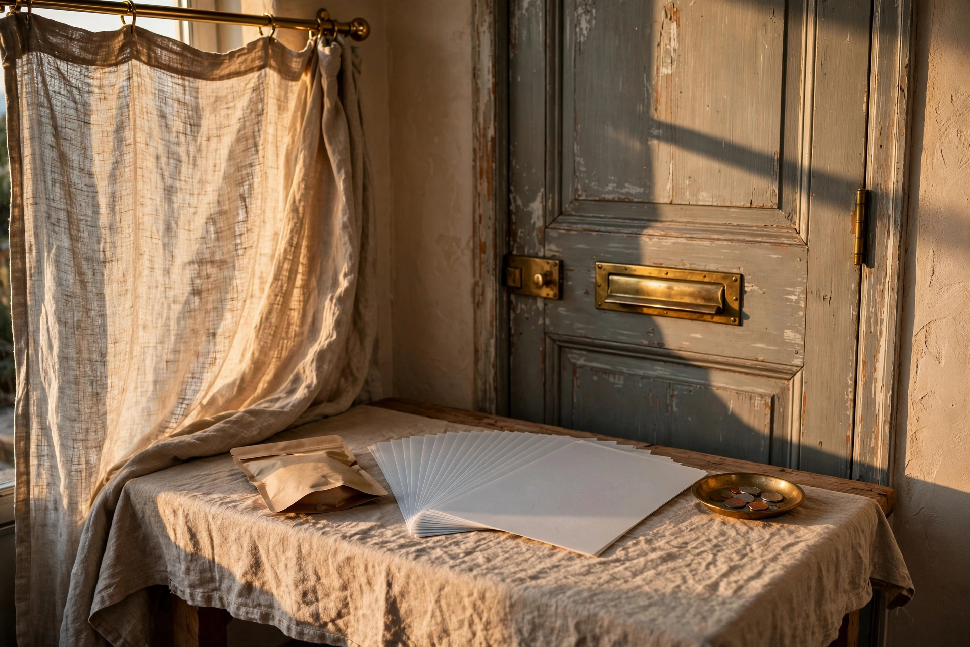 Match Jobber payout in QuickBooks at a vacation-rental entry, with one sealed deposit pouch, a fan of invoice carbons, and a brass fee dish in late-day side light.