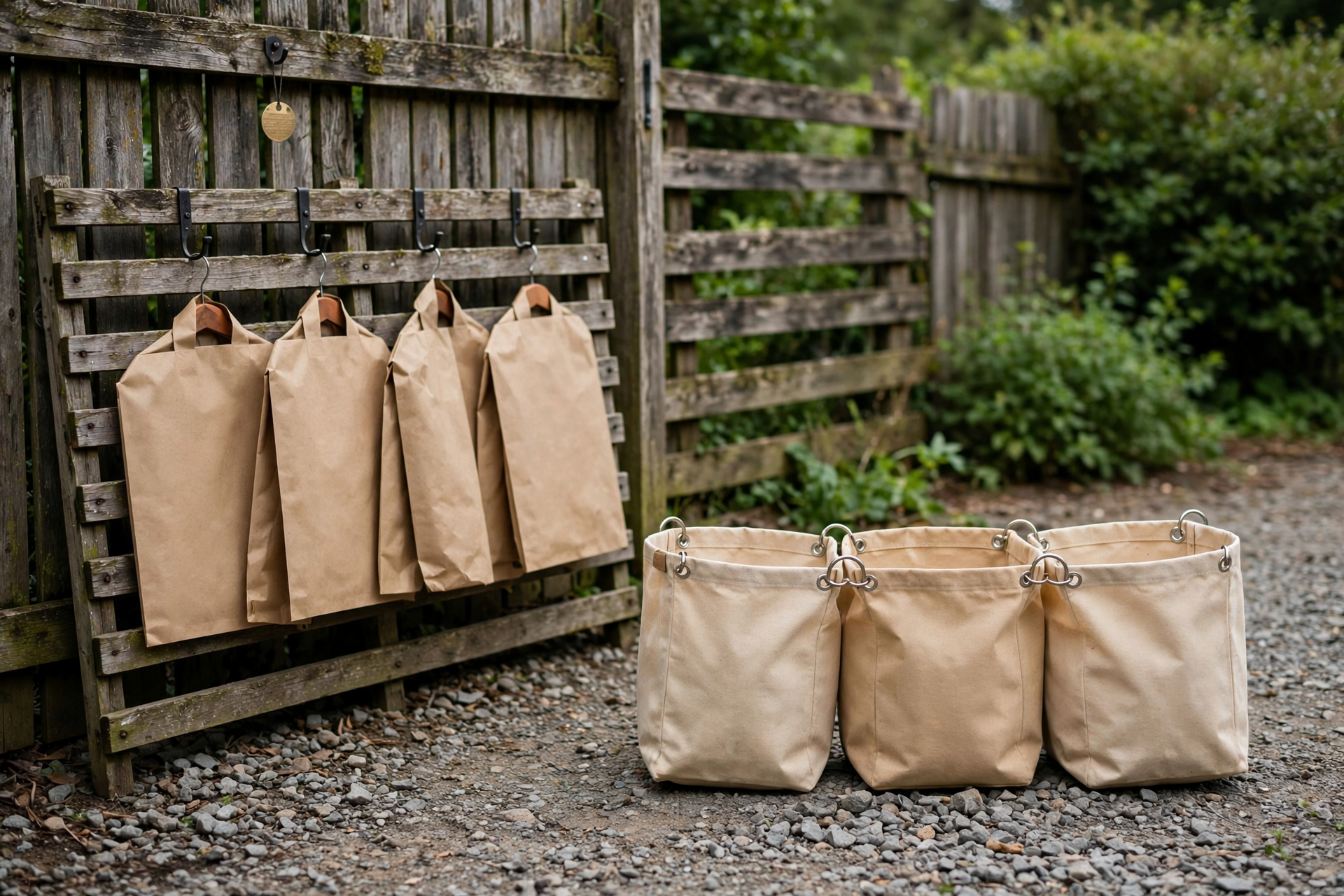 MCP vs Zapier shown as an outdoor service yard in open shade, with a numbered brass job-site badge on a fence hook, daisy-chained labeled totes standing in for stacked zaps, and job jackets on a weathered rack.