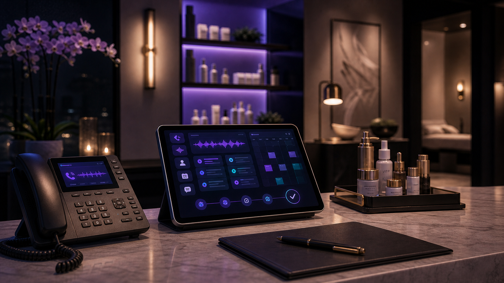 A luxury med spa reception desk at night with a phone, booking tablet, and abstract consult scheduling dashboard