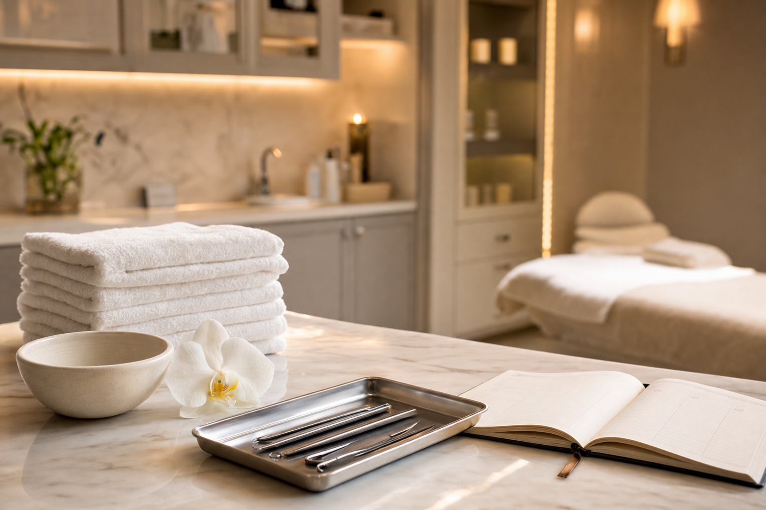 A serene, immaculately organized med spa treatment room with stacked white towels, a steel instrument tray, and an open paper appointment book in warm light.