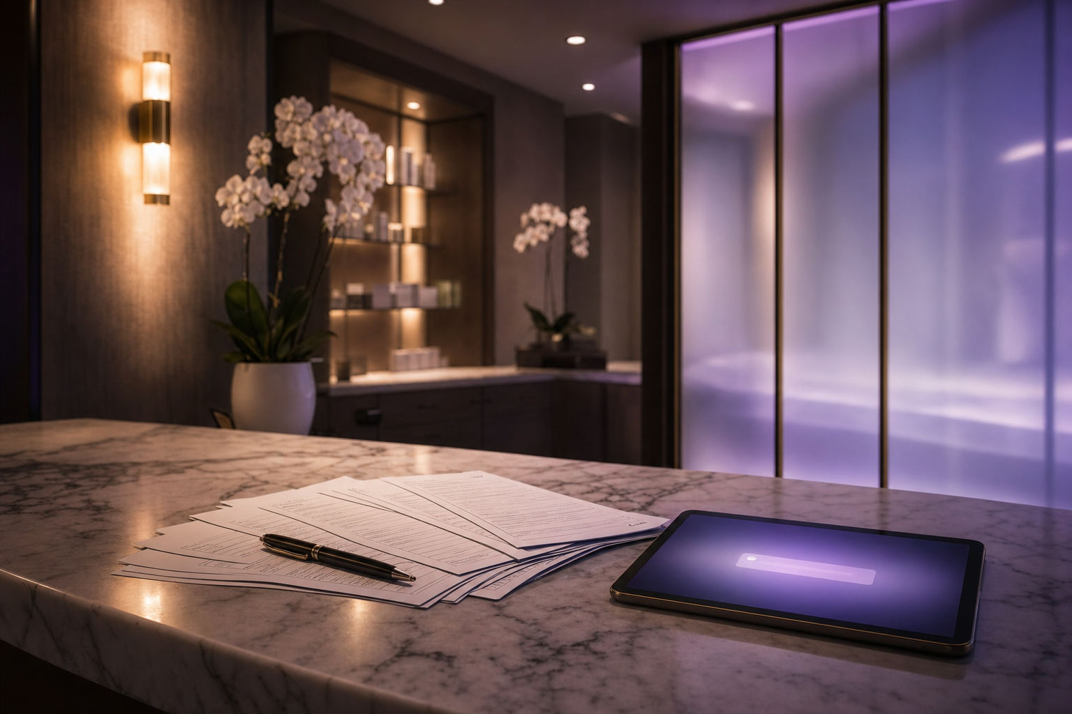 Empty med spa reception desk with soft violet ambient lighting, consultation forms fanned out on the counter, and a glowing tablet screen showing an incoming inquiry notification.