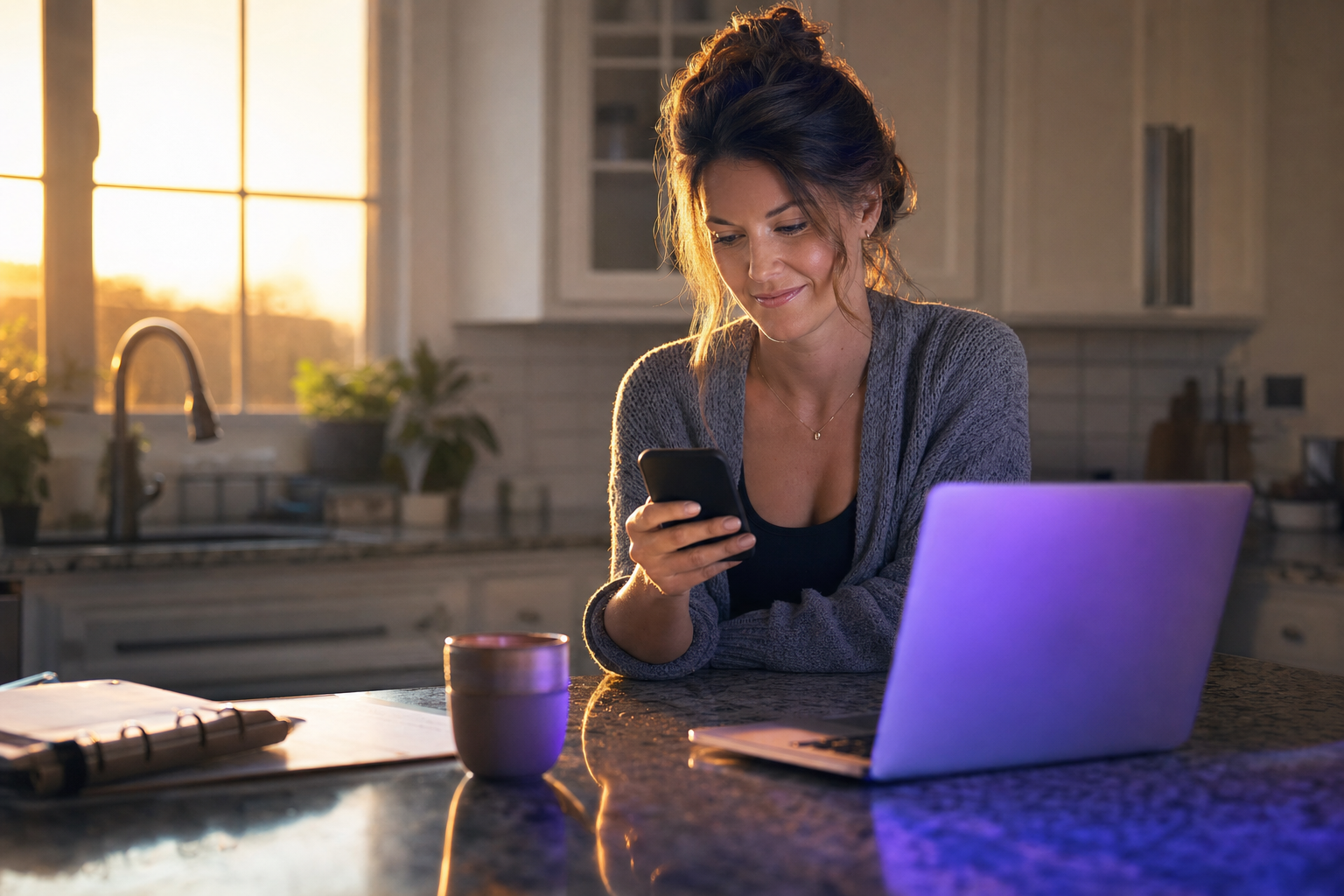 Un dueño de negocio de servicios revisando las notificaciones de leads de la madrugada en su teléfono al amanecer, luz cálida de cocina, resplandor ambiental violeta y cian de la pantalla de una laptop sobre el mostrador