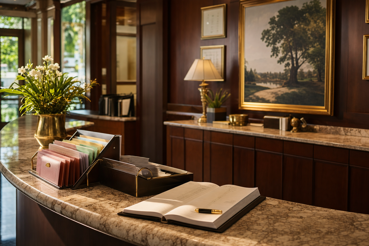 A multilingual AI receptionist workflow shown through organized paper call logs, color-coded client folders, and a calm front desk in warm light.