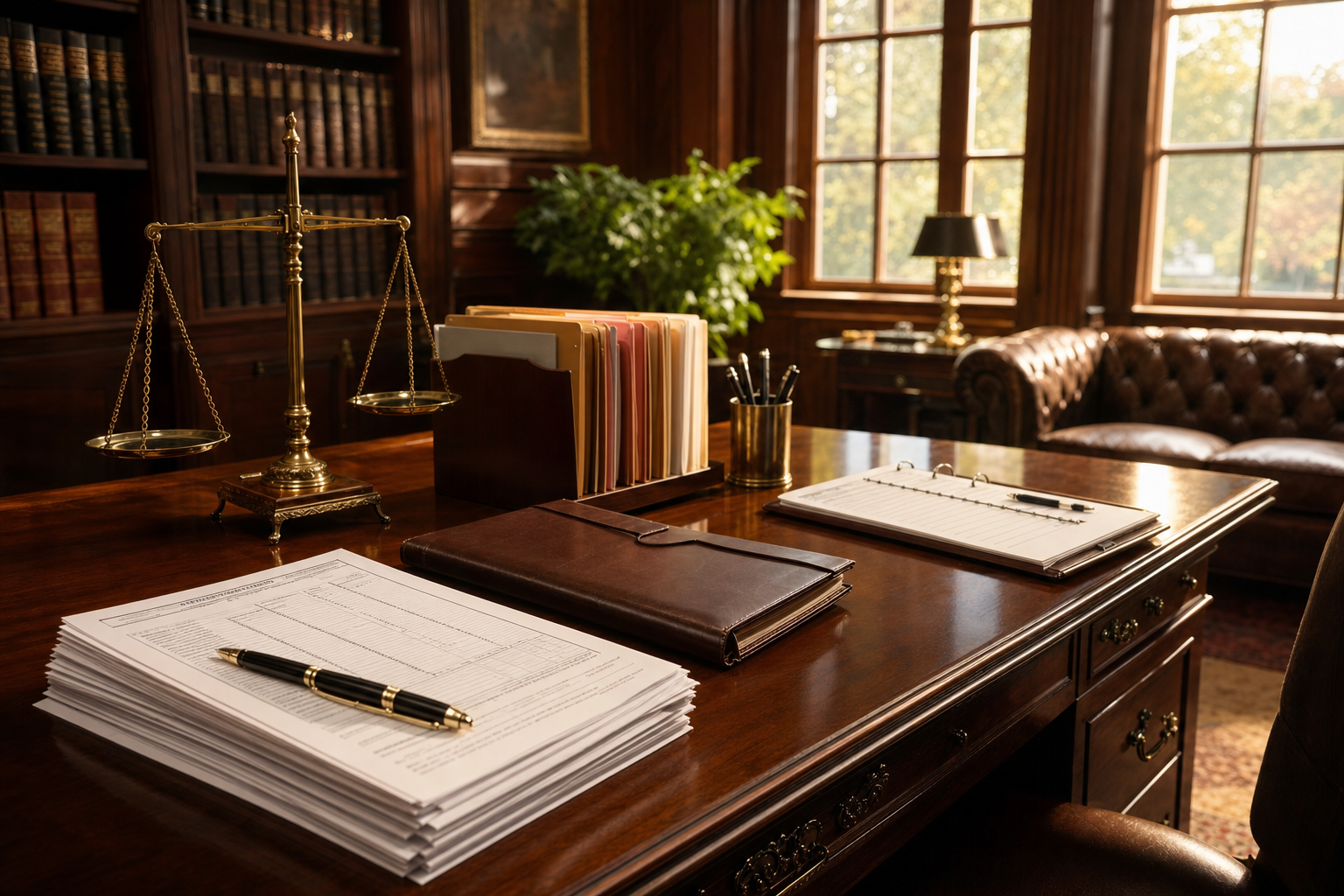 Una Recepcionista con IA multilingüe para firmas legales representada por un escritorio ordenado de recepción legal con formularios bilingües en papel y una cálida biblioteca jurídica de fondo.