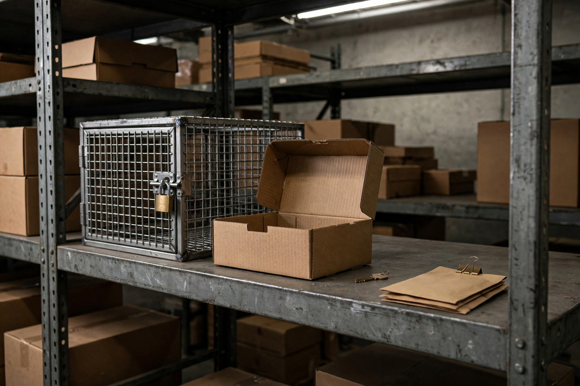 Overhead industrial light on a warehouse dispatch wall, with a padlocked steel cage, an open carton and spare brass key, and two clipped payment sleeves, for Next.js security review cost.