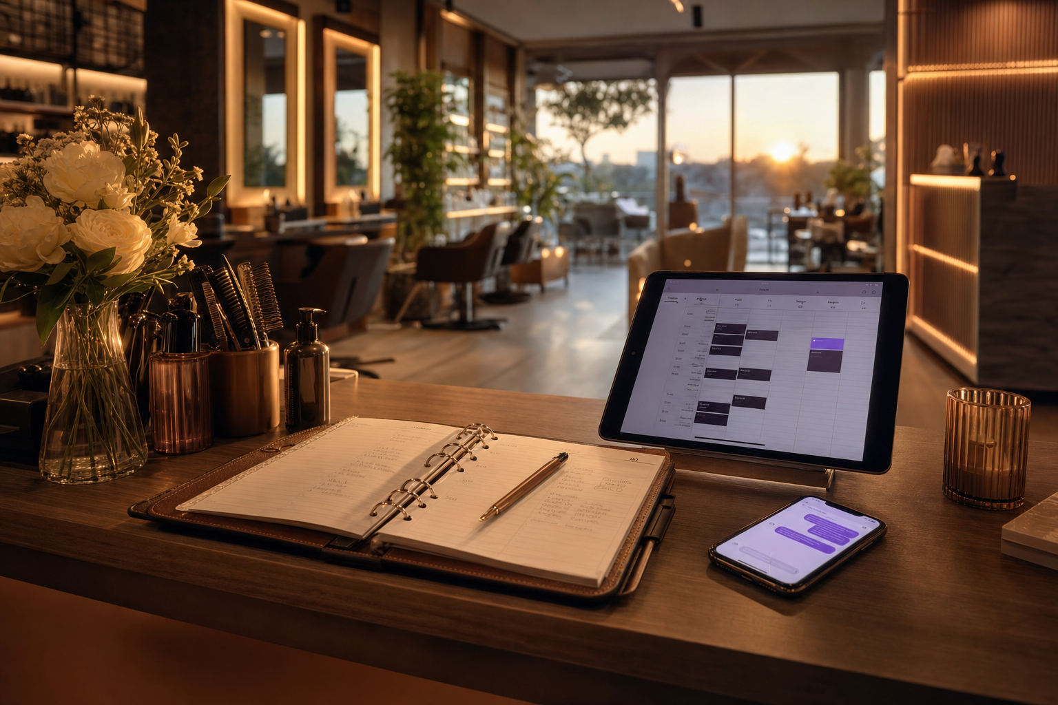 A salon front desk with an open appointment calendar, a phone showing a text reminder thread, and a rebooking note on a tablet.