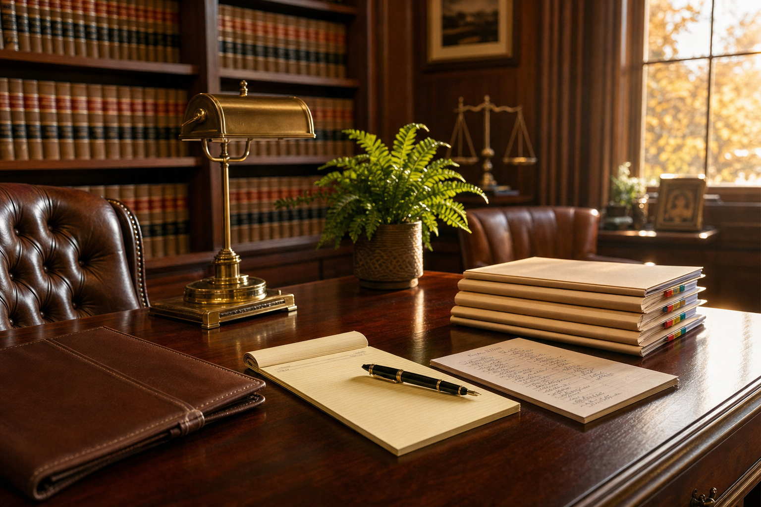 OpenPhone Sona cost compared on a mahogany law-office desk with a paper call log, fountain pen, and a closed leather intake folder.
