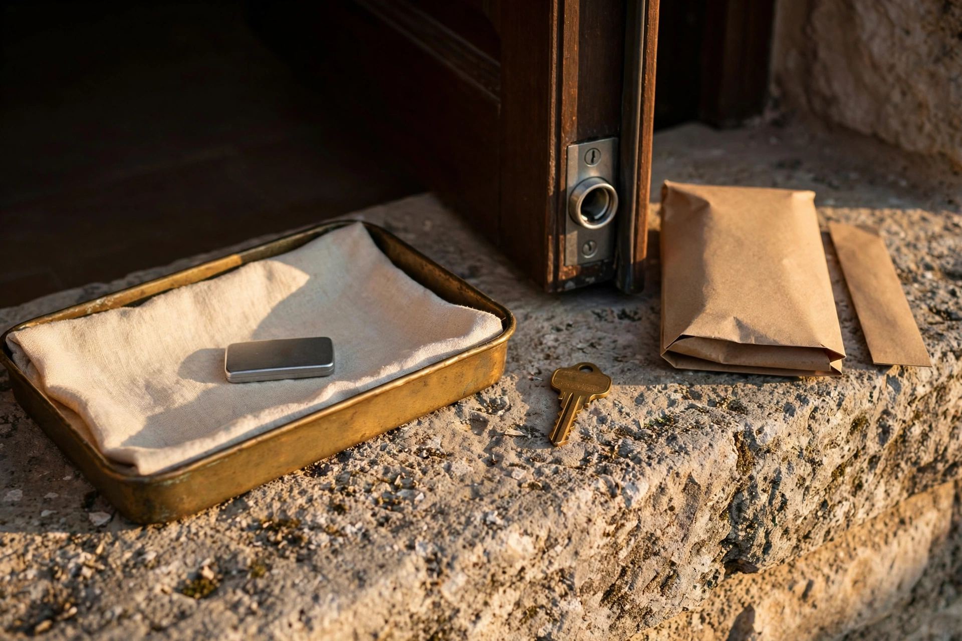 Late-day side light in a vacation-rental entry: passkey security review cost as a blank metal security-key fob in a linen tray, a brass house key that does not seat in the deadbolt, and a thick fee packet beside a thin deposit sleeve.