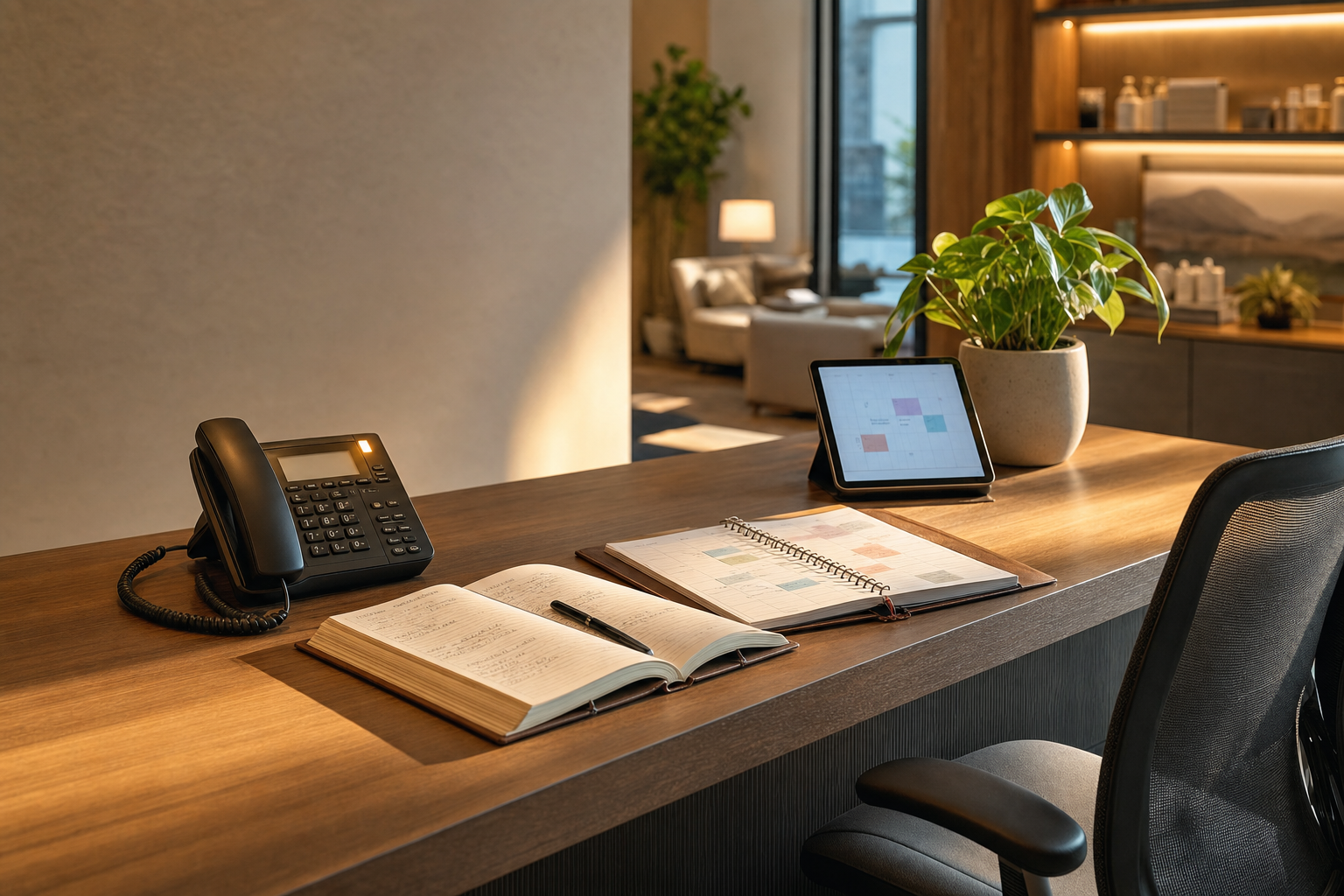 A quiet small-business reception desk with a phone, a call log notebook, and an open appointment calendar in warm afternoon light.