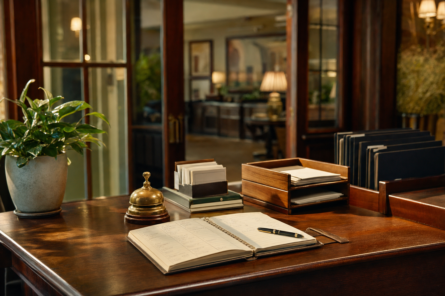 A calm front-desk reception area with an open appointment book, organized call notes, and warm light for a PATLive vs Smith.ai vs Southern Voices comparison.