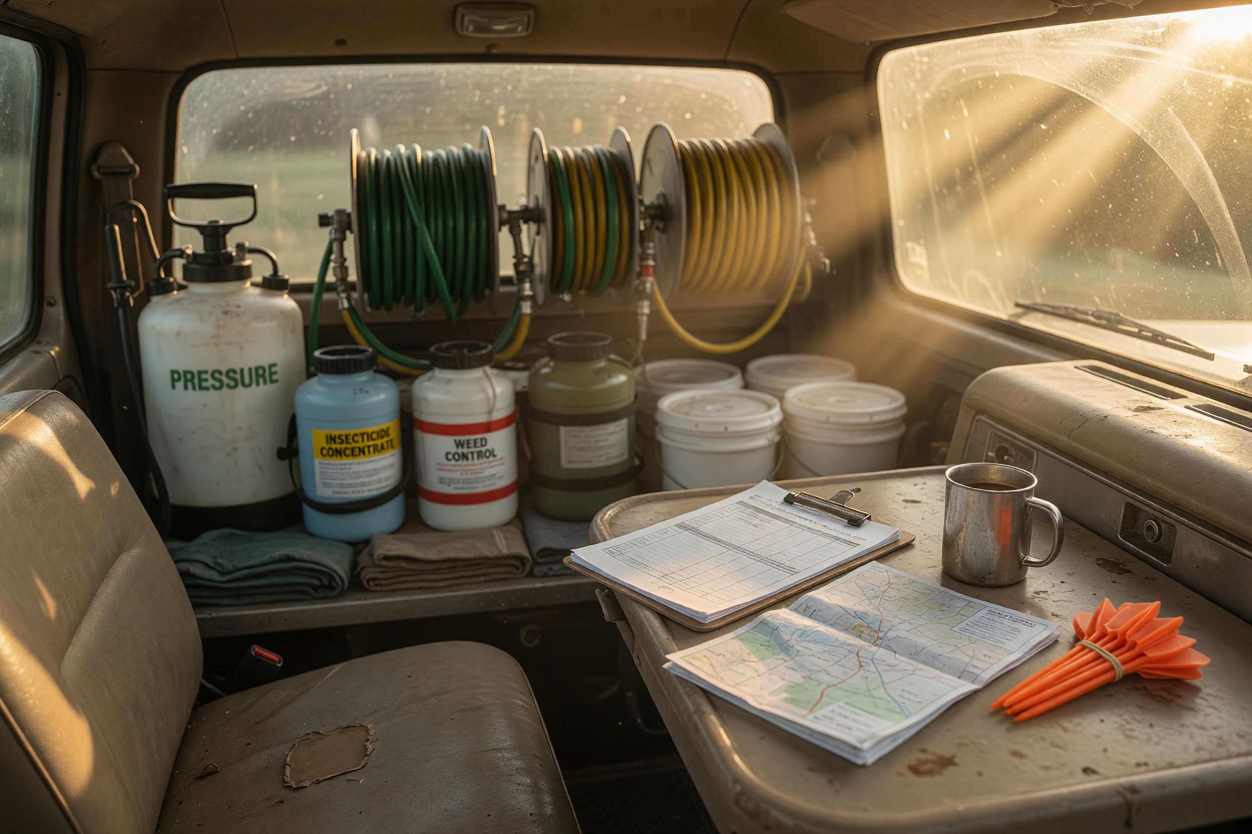 An orderly pest control service truck dashboard in warm morning light with a clipboard of paper work orders, a route map, and a coffee mug, no person visible.
