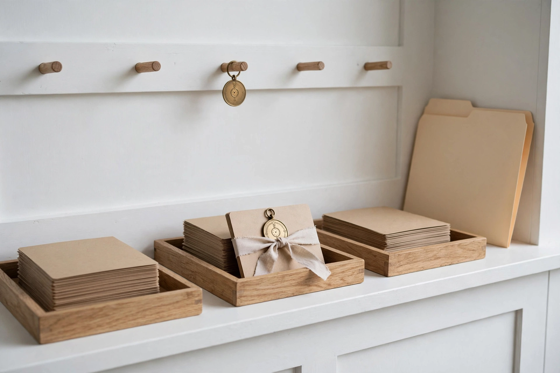 Cool-neutral overcast on a clinic reception counter, white millwork, with a brass time token on a peg rail, a linen-tied deal card in the middle tray, and an unopened manila folio, to book a Pipedrive meeting from Claude.