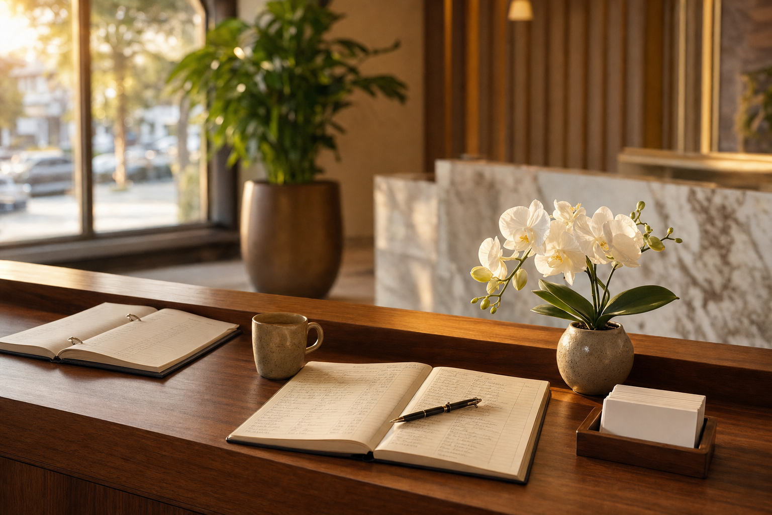 A clean, organized service-business front desk at golden hour with an open paper appointment book and a coffee mug, no people present.