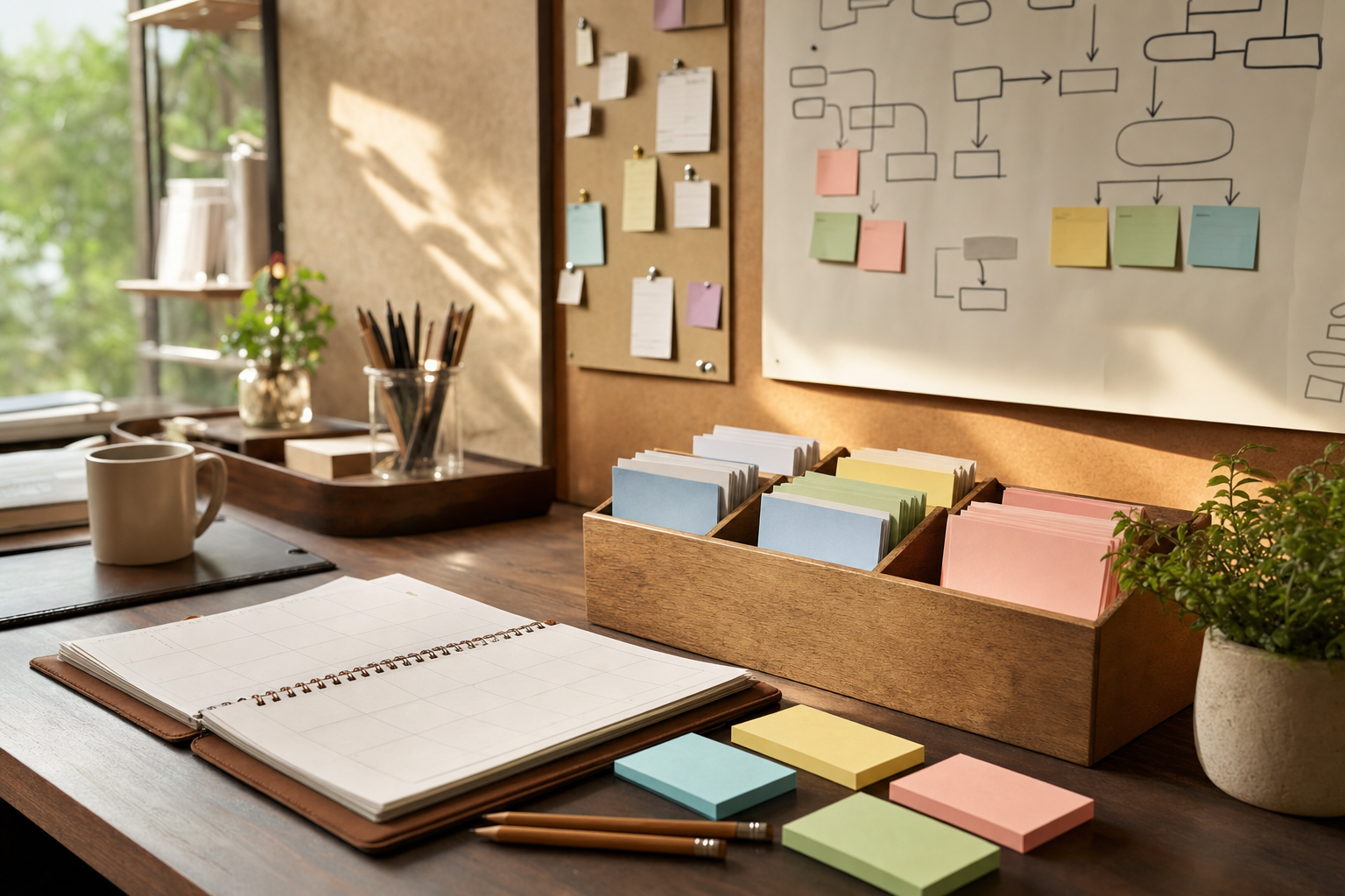 A warm operations desk with referral cards, a paper planner, sticky notes, and a whiteboard workflow for a Podium alternative for referral automation.