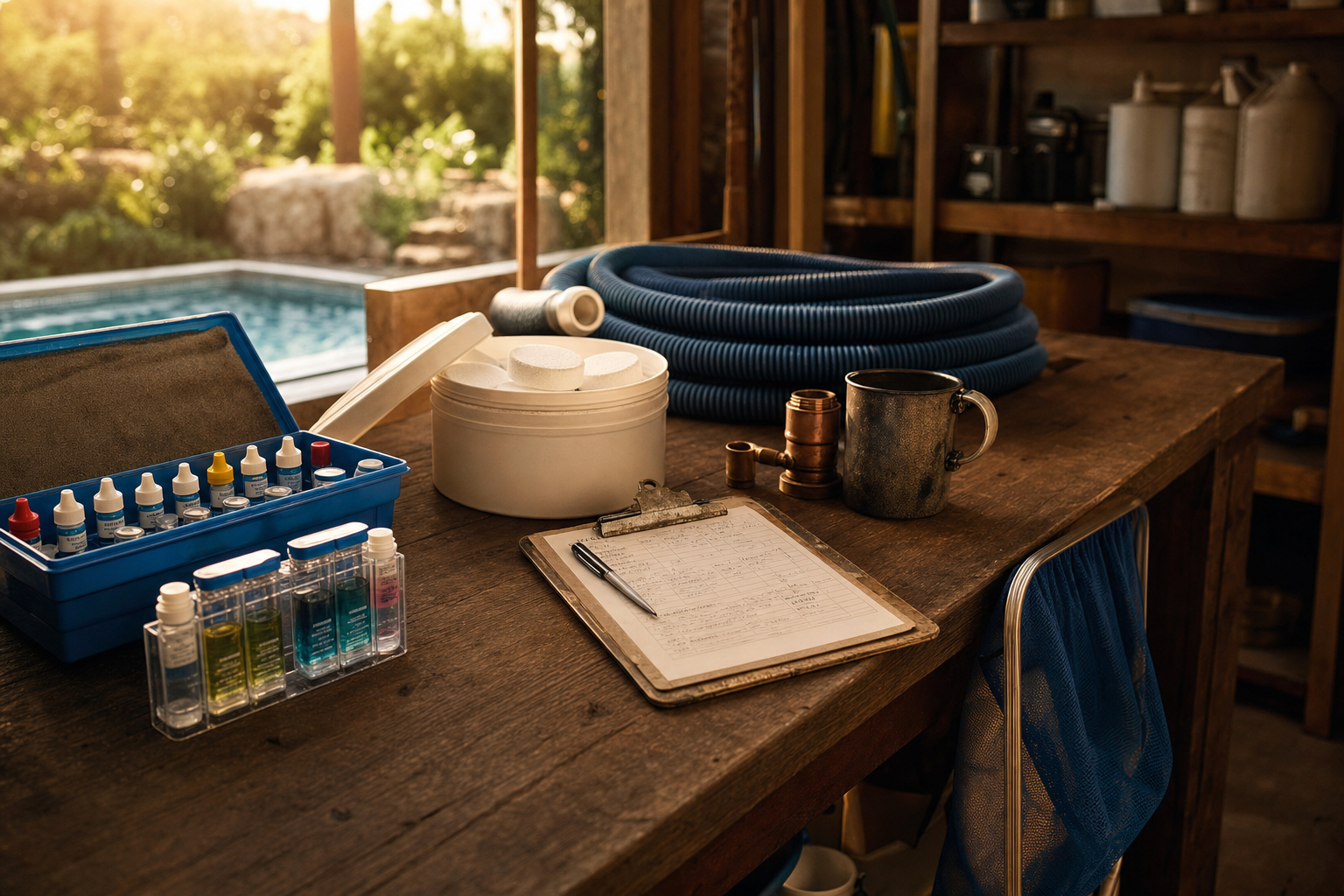 Pool service answering service planning on a quiet workshop bench with a water-test kit, chlorine tablets, a paper opening-day work log, and a coiled vacuum hose.