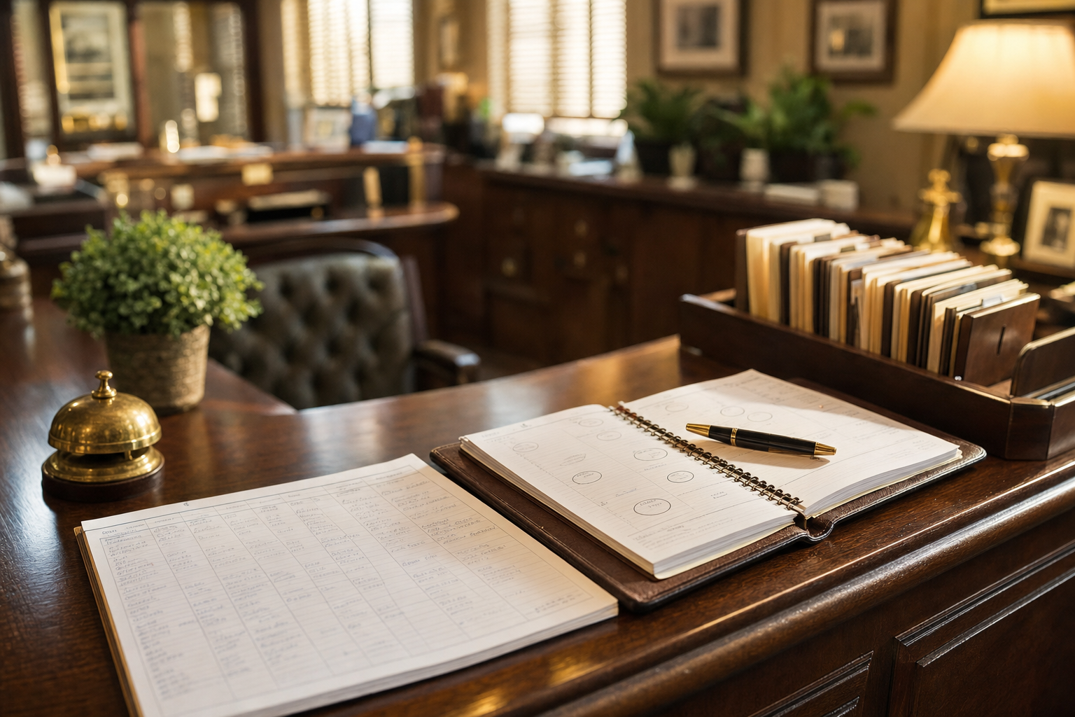 A polished reception desk with a paper call log and appointment book for a Posh virtual receptionist alternative comparison.