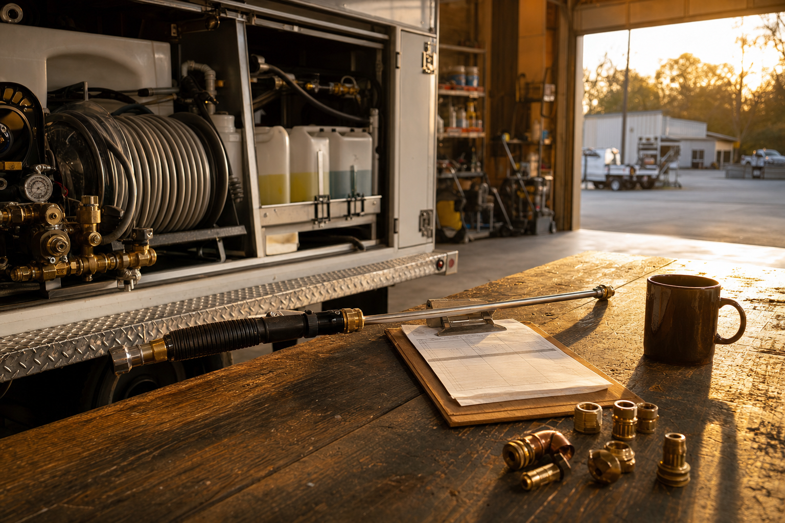 Pressure washing answering service intake on a quiet workshop bench with a paper job ticket, coiled hose, chemical jugs, and a wand in warm light.