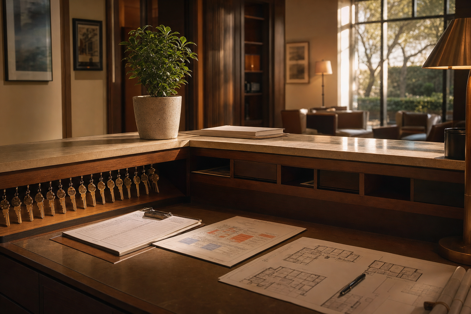 A property management after-hours answering service represented by a calm leasing desk with keys, work orders, and emergency routing notes.