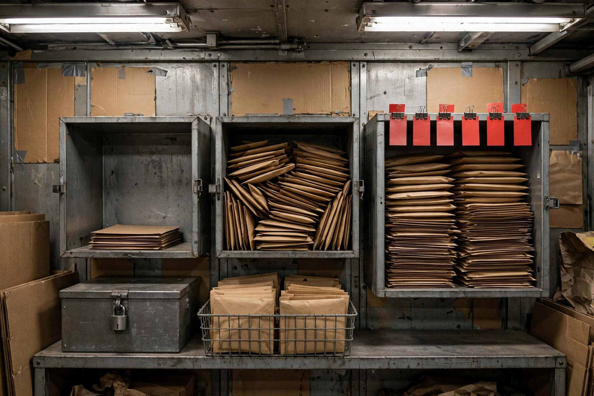Luz industrial cenital sobre la pared de la sala de correo de un almacén, con tres casilleros de acero con paquetes de facturas, una caja de efectivo con candado y una canasta de alambre con sobres de pago sin abrir, para facturas vencidas de QuickBooks desde Claude.